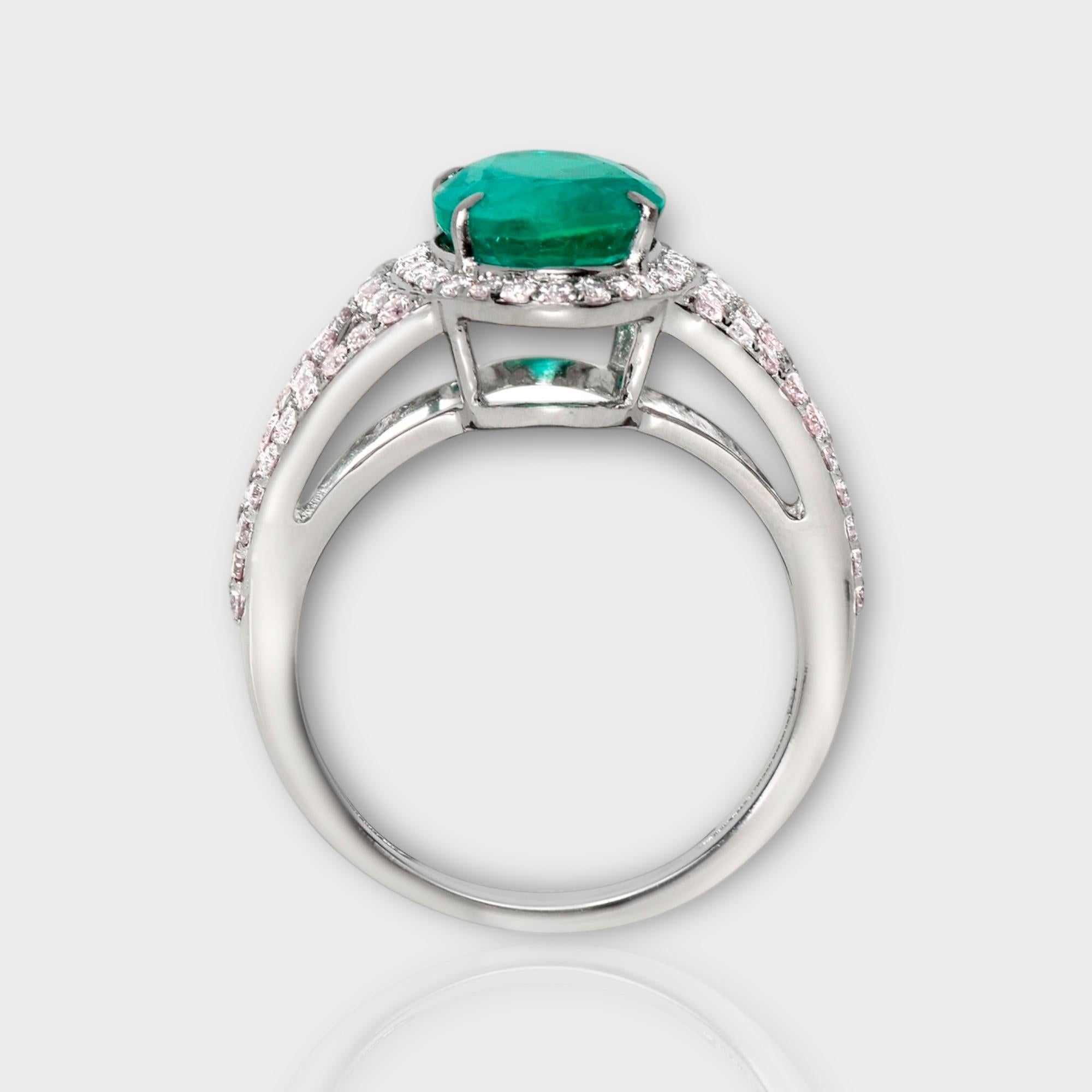 Oval Cut IGI 18k 2.96 Ct Emerald&Pink Diamonds Antique Art Deco Style Engagement Ring For Sale
