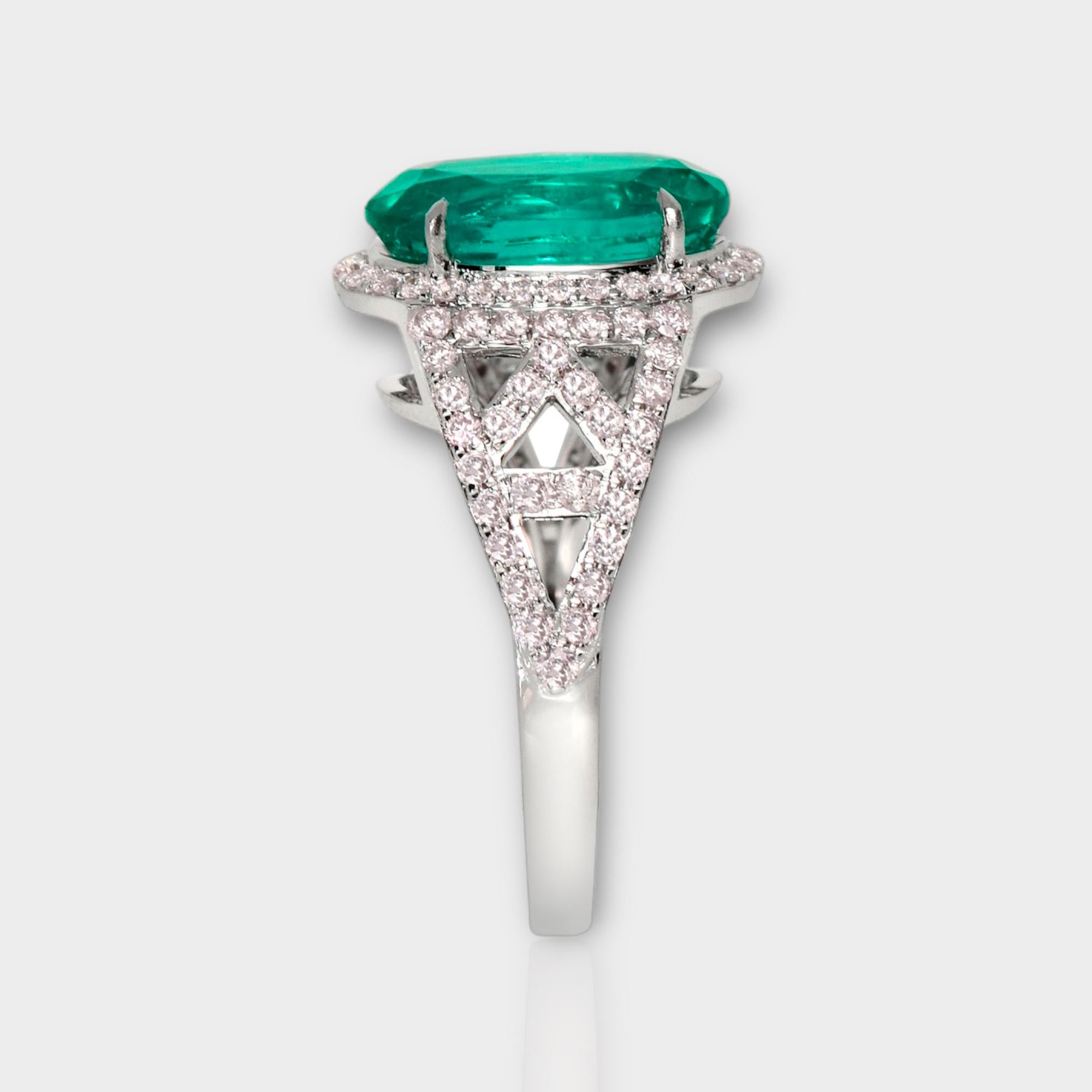 IGI 18k 2.96 Ct Emerald&Pink Diamonds Antique Art Deco Style Engagement Ring In New Condition For Sale In Kaohsiung City, TW