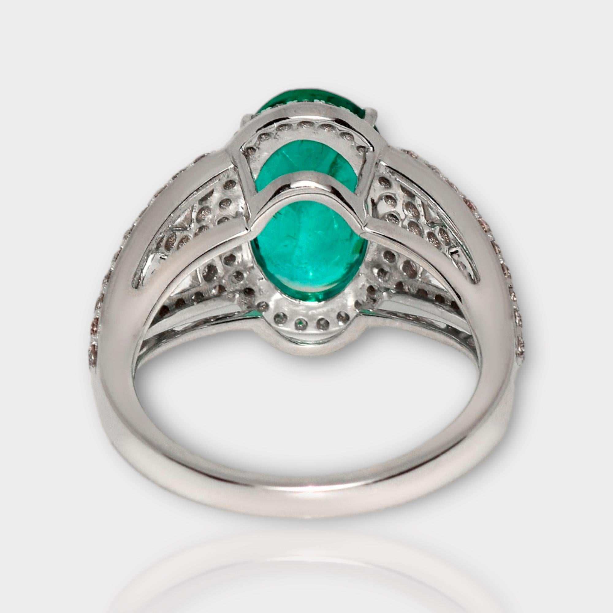 IGI 18k 2.96 Ct Emerald&Pink Diamonds Antique Art Deco Style Engagement Ring For Sale 1