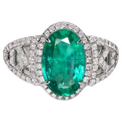 IGI 18k 2.96 Ct Emerald&Pink Diamonds Antique Art Deco Style Engagement Ring