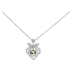 18K 3/4 Cttw Diamond and Cultured Black Tahitian Pearl Heart Pendant Necklace