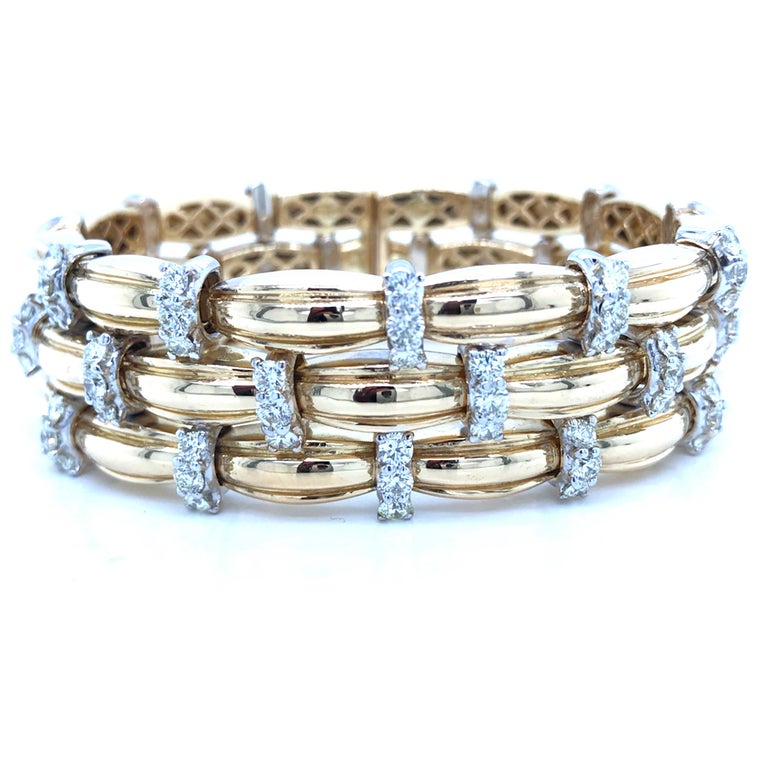 18K 3Row Link Diamond Station Bangle Bracelet TwoTone Gold For Sale