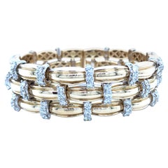 18K 3-Row Link Diamond Station Bangle Bracelet Two-Tone Gold