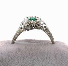 18K 3 Stone Diamond Filigree Ring with Syn Emerald