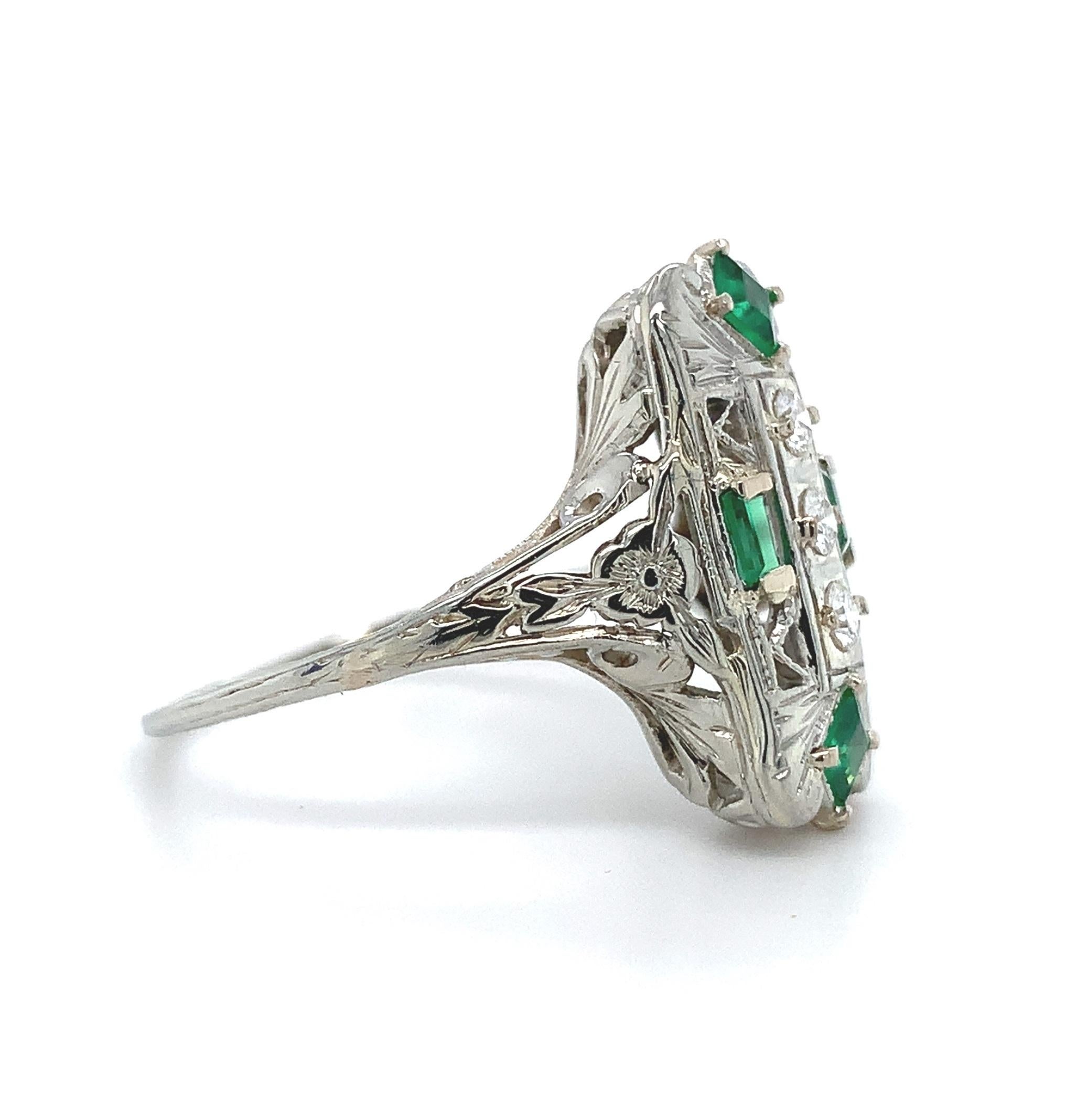 Round Cut 18K 3 Stone Diamond Filigree Ring with Syn Emerald For Sale