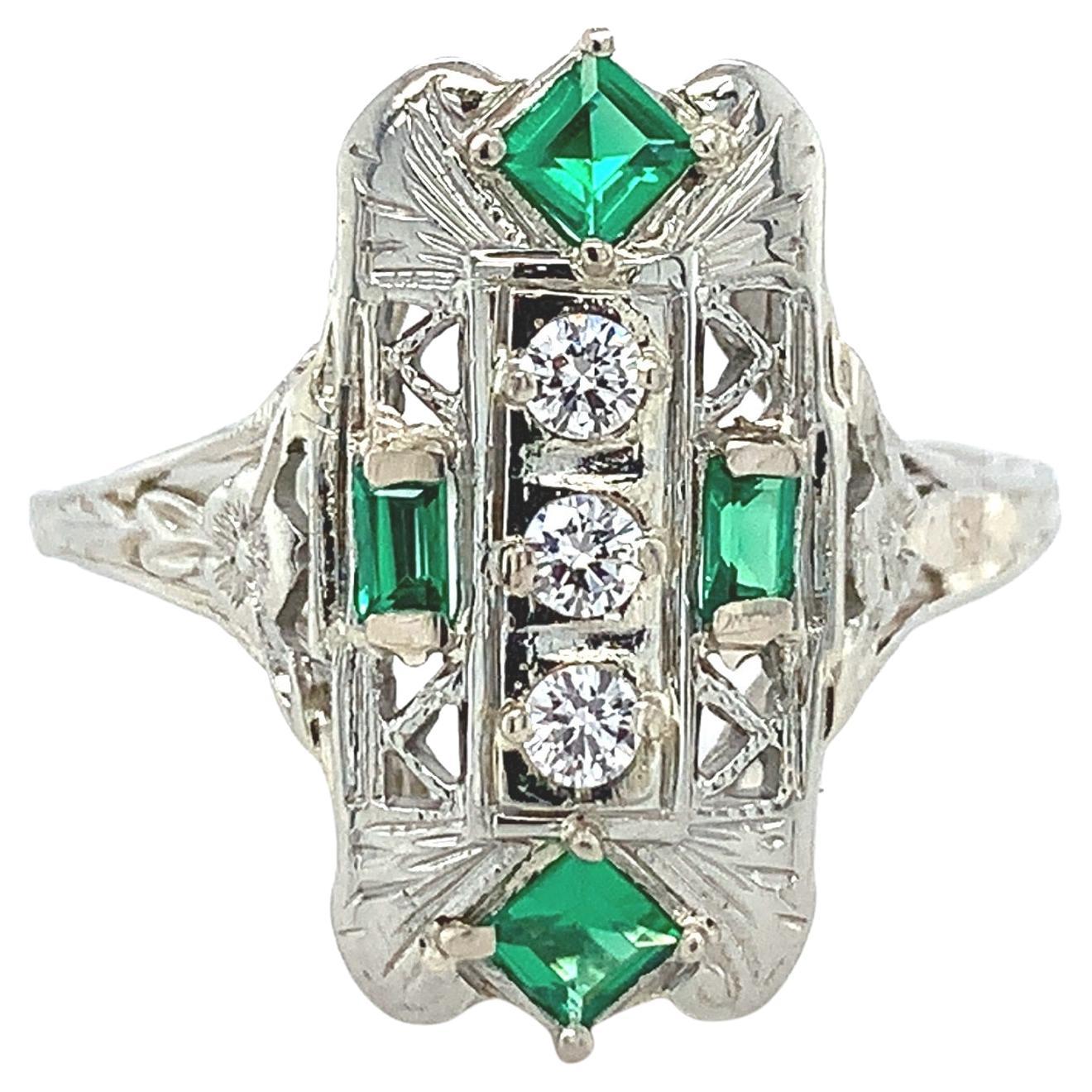 18K 3 Stone Diamond Filigree Ring with Syn Emerald For Sale