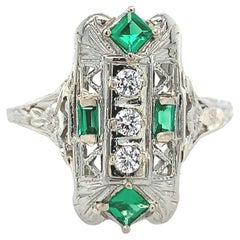 18K 3 Stone Diamond Filigree Ring with Syn Emerald