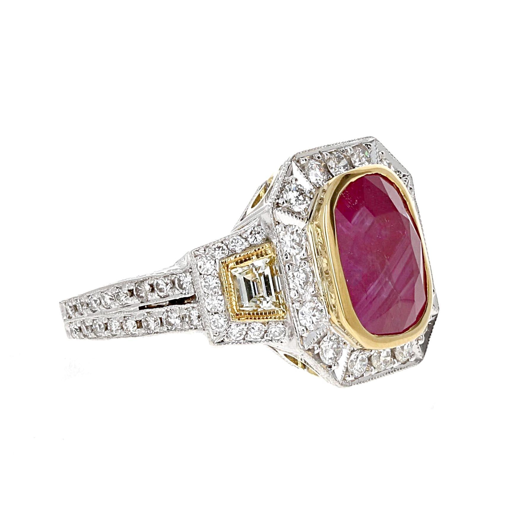18k white and yellow gold three-stone cocktail vintage retro ring, with a vibrant GIA-certified, 6.15-carat cushion-shaped Burma Purplish Red Ruby. accompanied by two scintillating trilliant diamonds totaling 2.50 carats. These diamonds, carefully