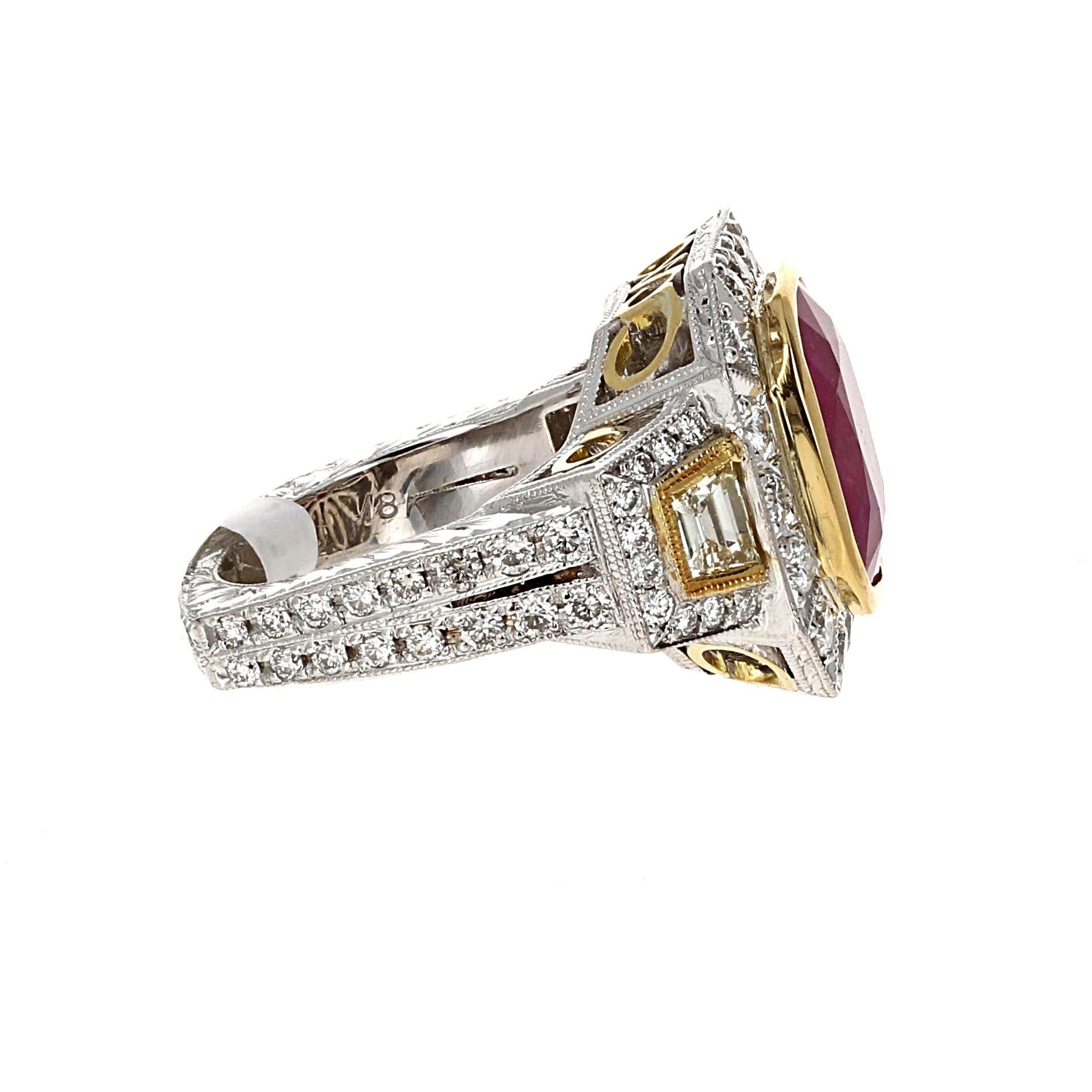 Retro GIA Burma Ruby and Diamond Three Stone Cocktail Ring For Sale