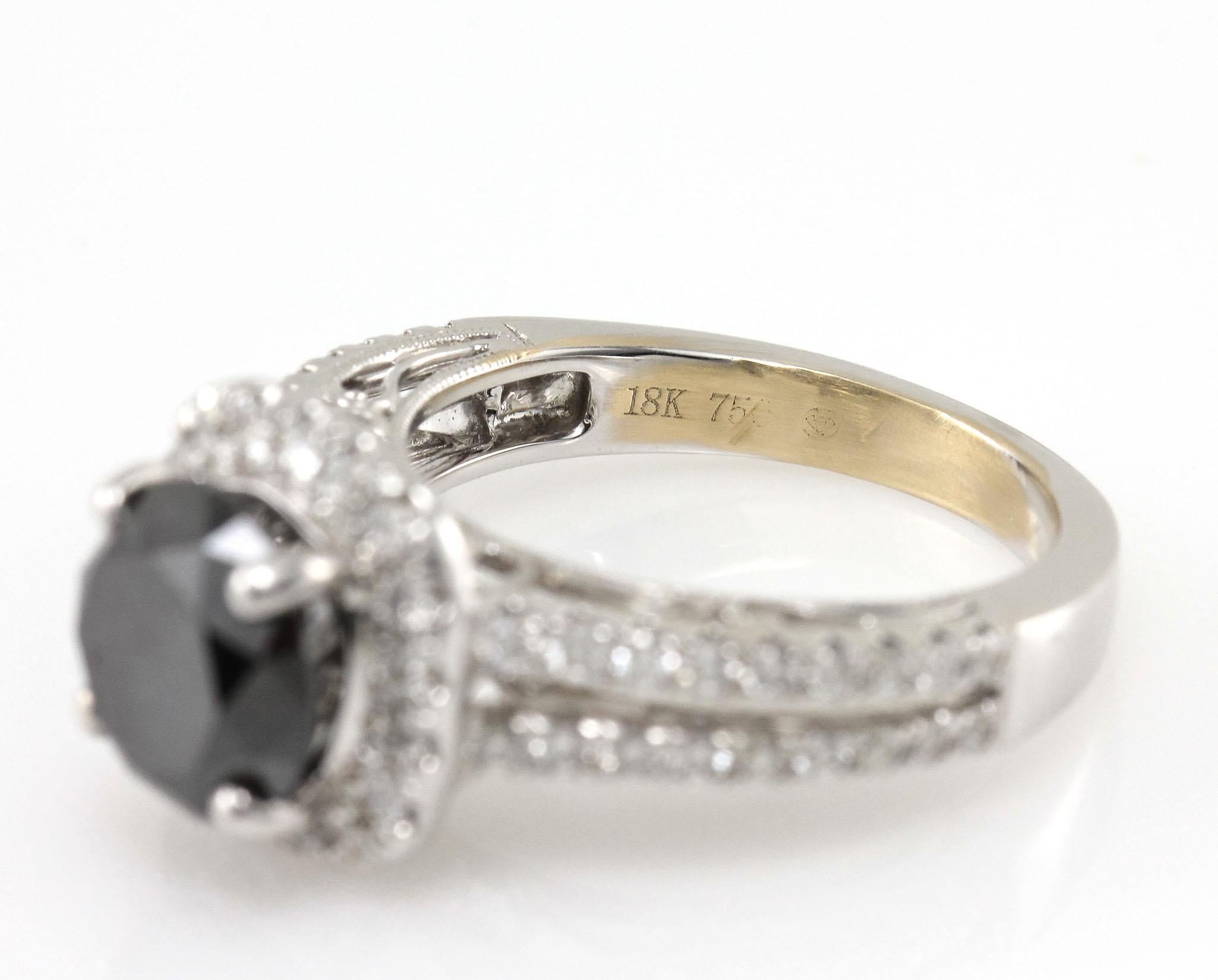 Round Cut 18 Karat 3.28 Carat Round Black Diamond Engagement Ring White Gold For Sale