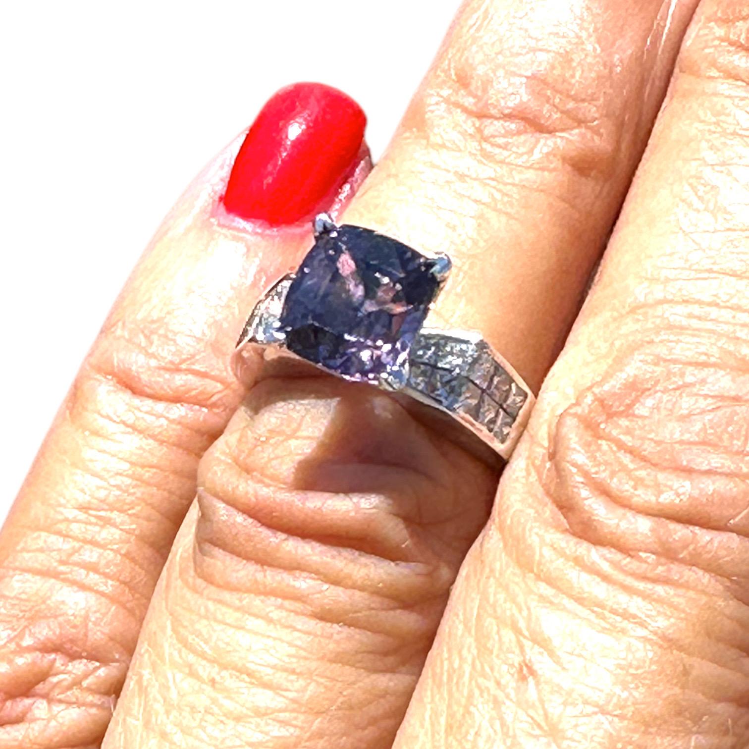 Cushion Cut 18K 3.95 CT. Sri Lanka Purple Sapphire Invisible Diamond Ring For Sale