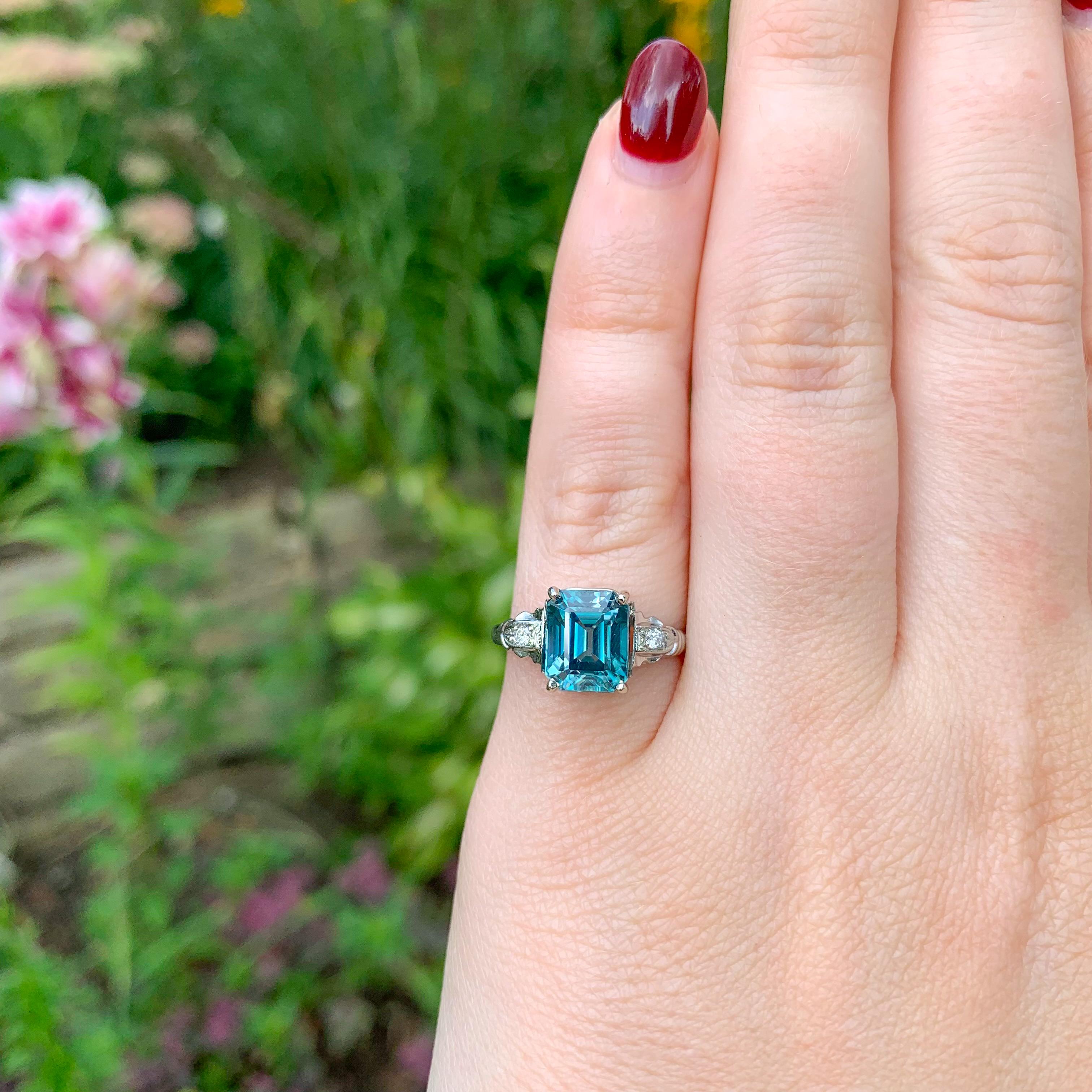 18K 3.99 carat Teal Blue Zircon & Diamond Ring size 6.5 2