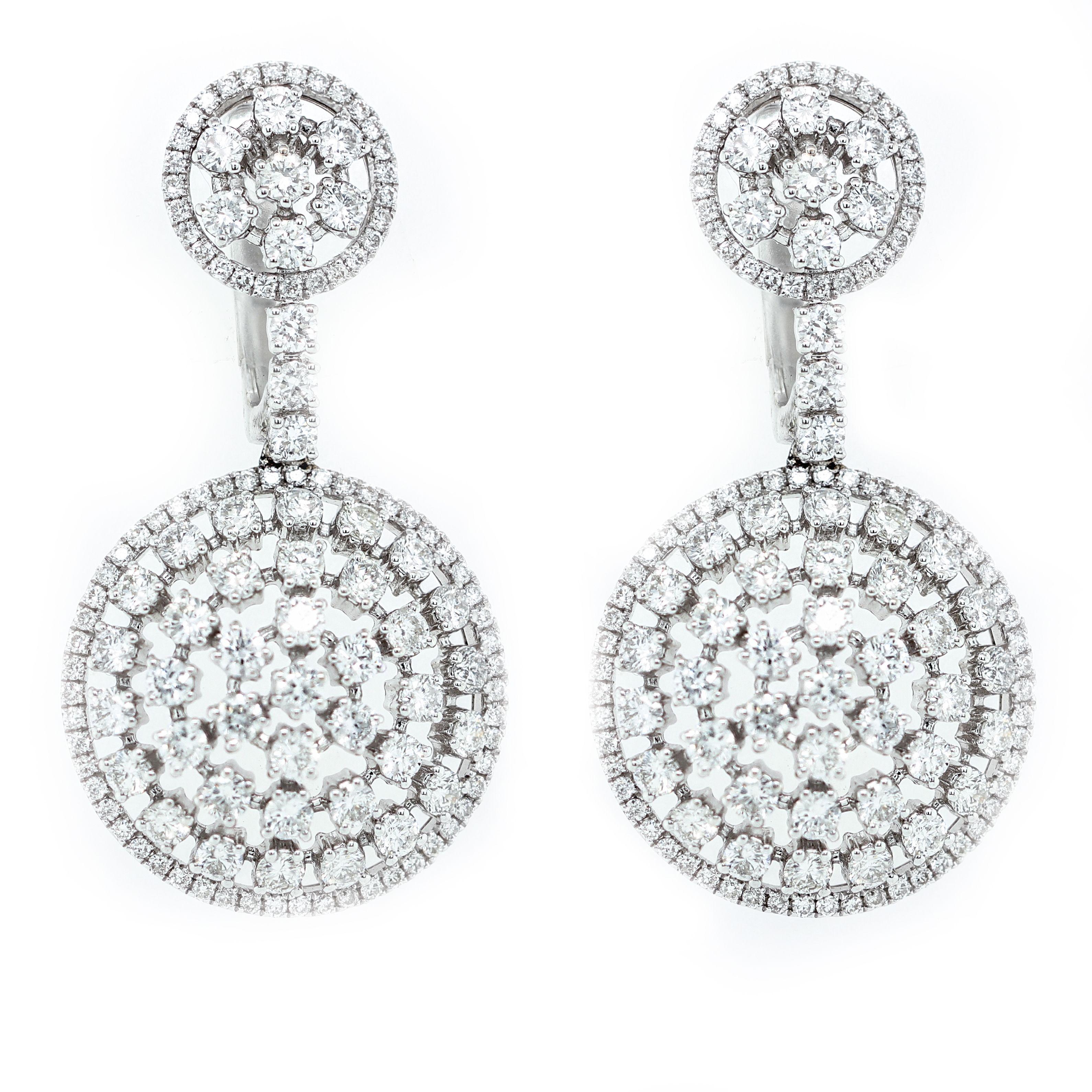 18K White gold diamond hanging earrings, features 4.00 carats of round cut diamonds, designed by Diana M. Jewels 