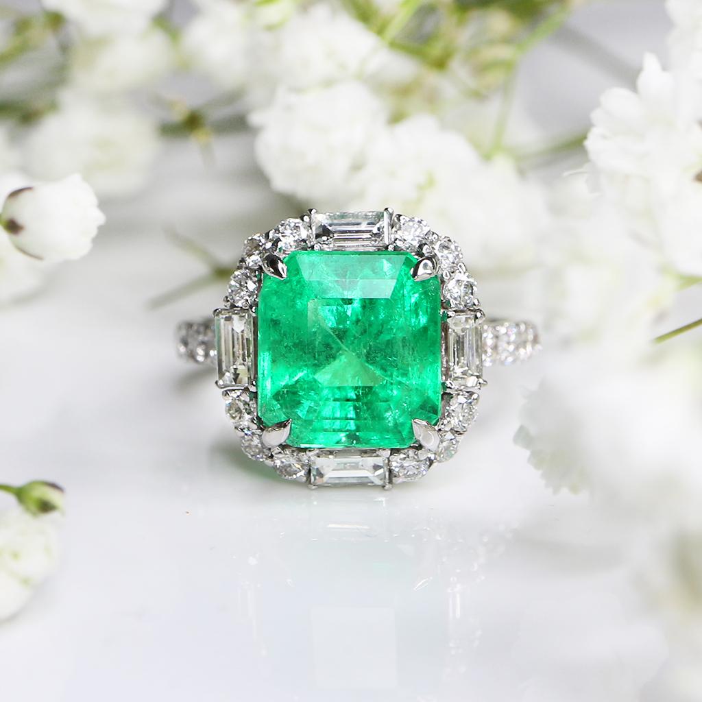 Women's GRS 18k 4.37ct Colombia Emerald&Diamond Antique Art Deco Style Engagement Rin For Sale