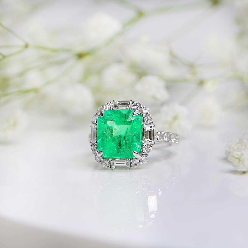 GRS 18k 4.37ct Colombia Emerald&Diamond Antique Art Deco Style Engagement Rin For Sale 2
