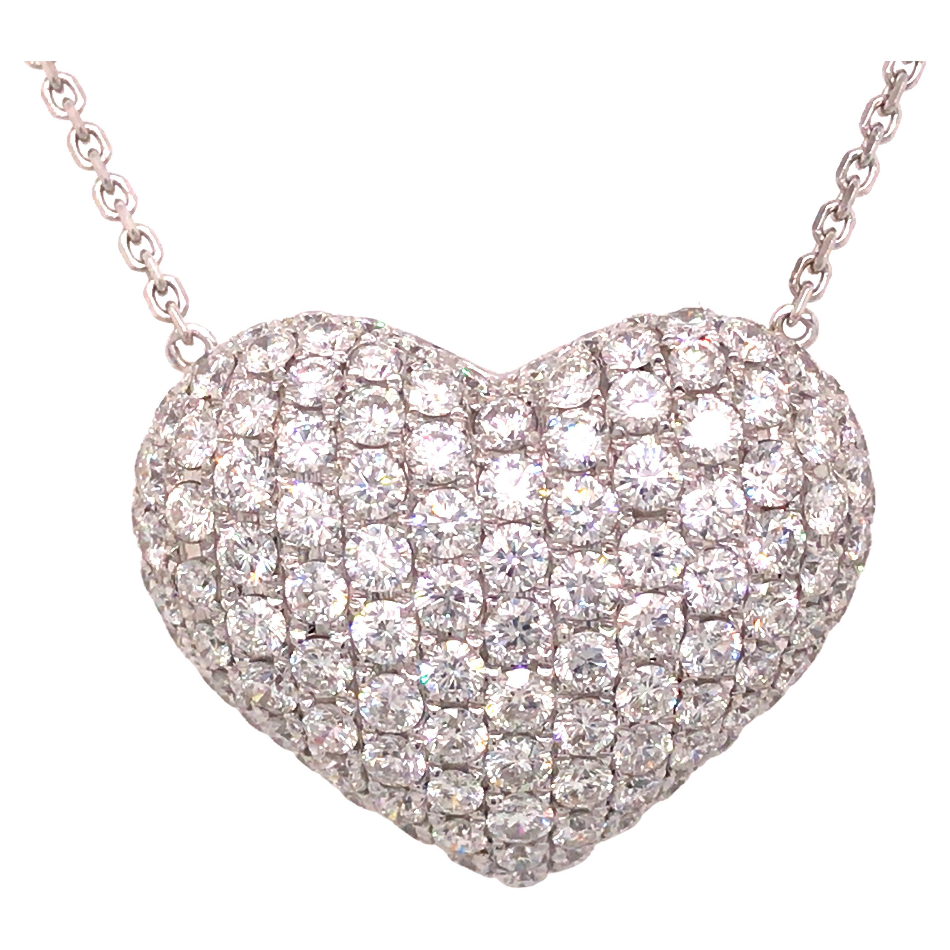 18K 5 Carat Diamond Puff Heart Pendant Necklace White Gold