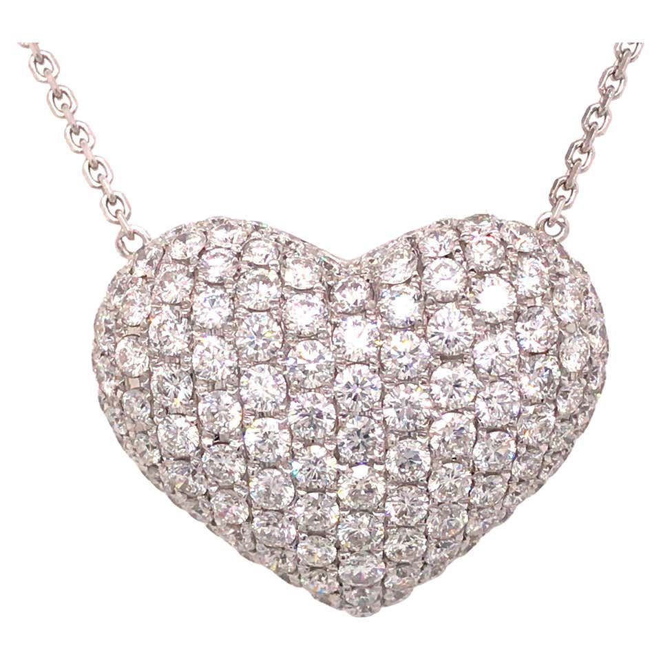 Diamond Puff Heart Necklace 1 Carat 14 Karat White Gold For Sale at 1stDibs