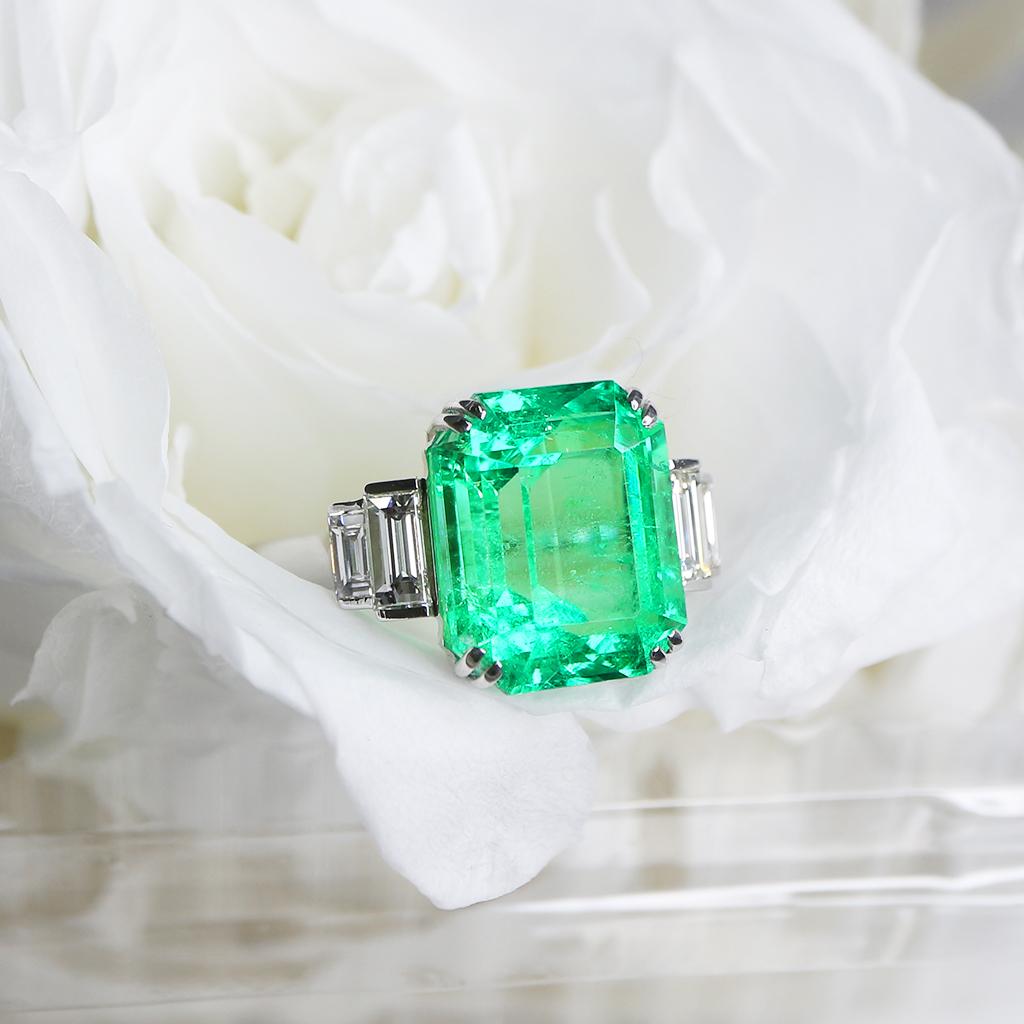 GRS 18K 7.34 Ct Colombia Emerald&Diamond Antique Art Deco Engagement Ring For Sale 1