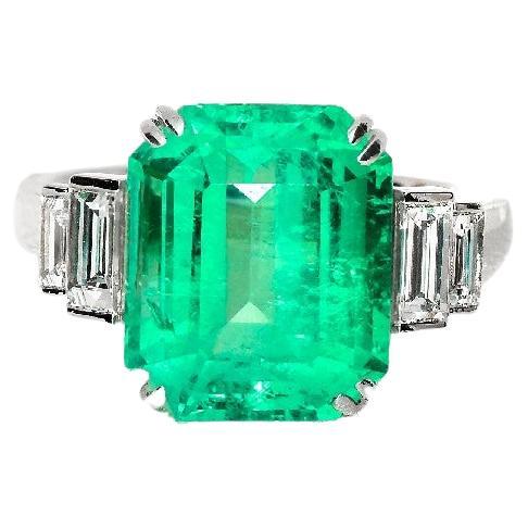 GRS 18K 7.34 Ct Colombia Emerald&Diamond Antique Art Deco Engagement Ring For Sale
