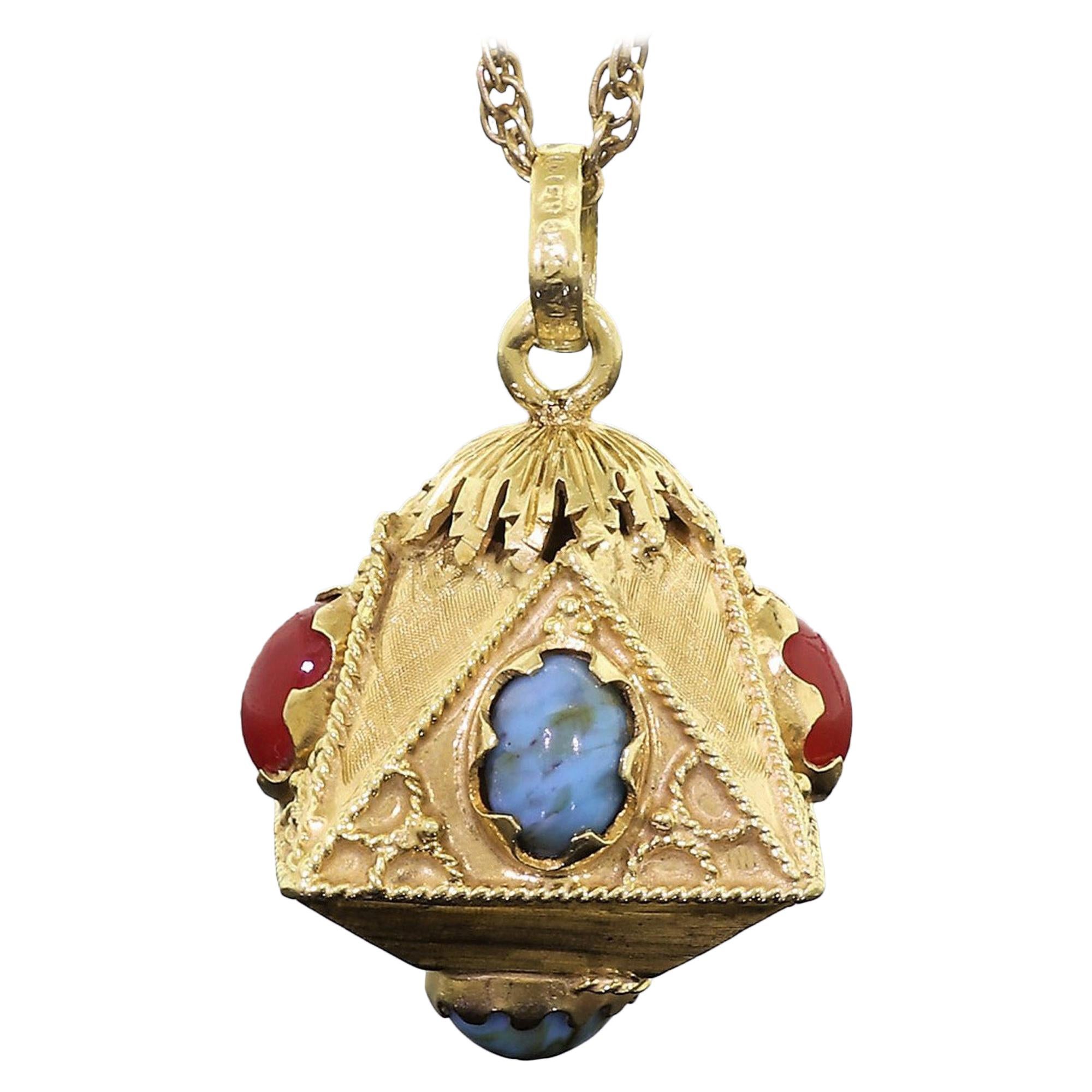 18 Karat 750 Gold Etruscan Style Italy Art Glass Fob Large Accent Charm Pendant