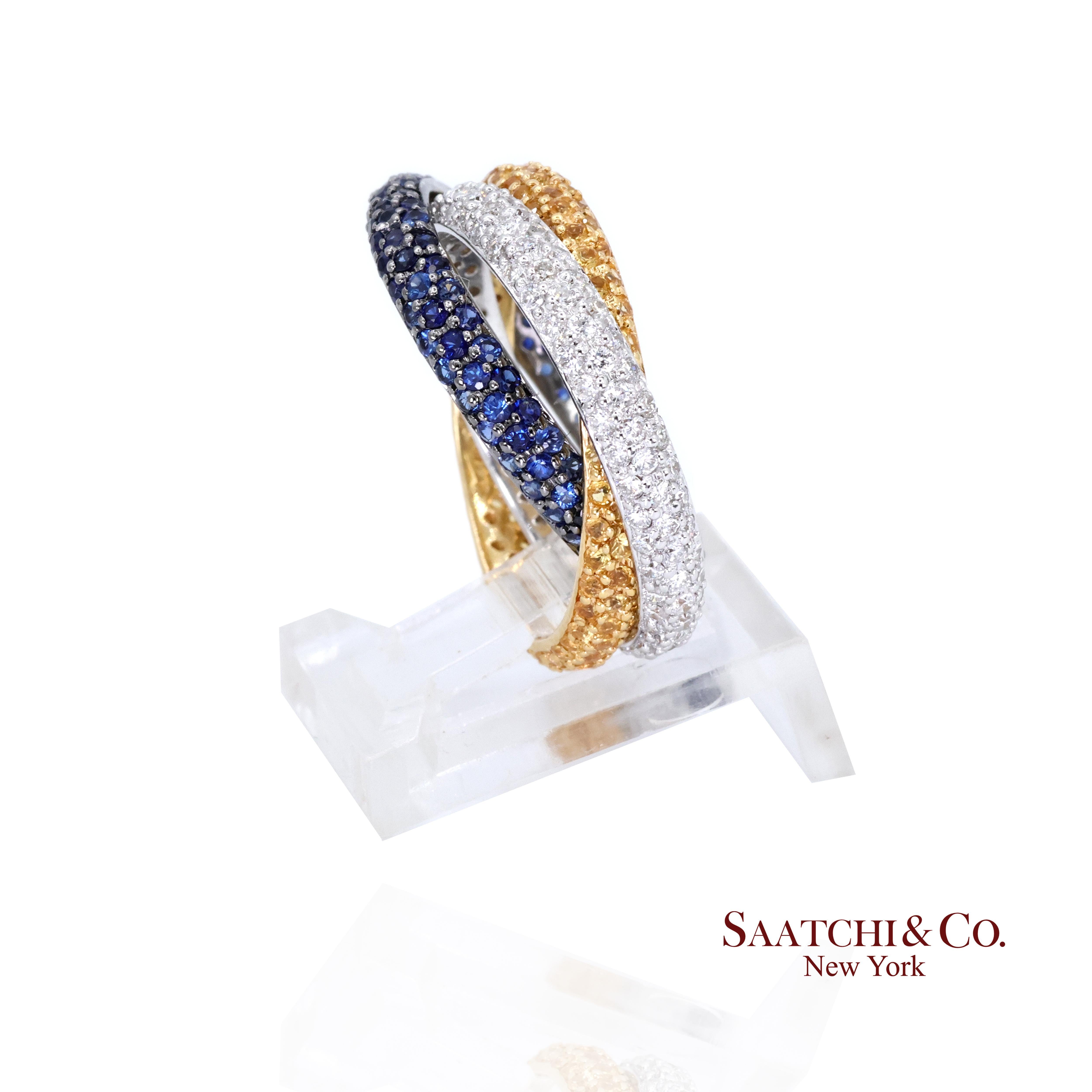 Anillo de oro de 18k 750 con diamante natural tricolor y zafiro Contemporáneo en venta