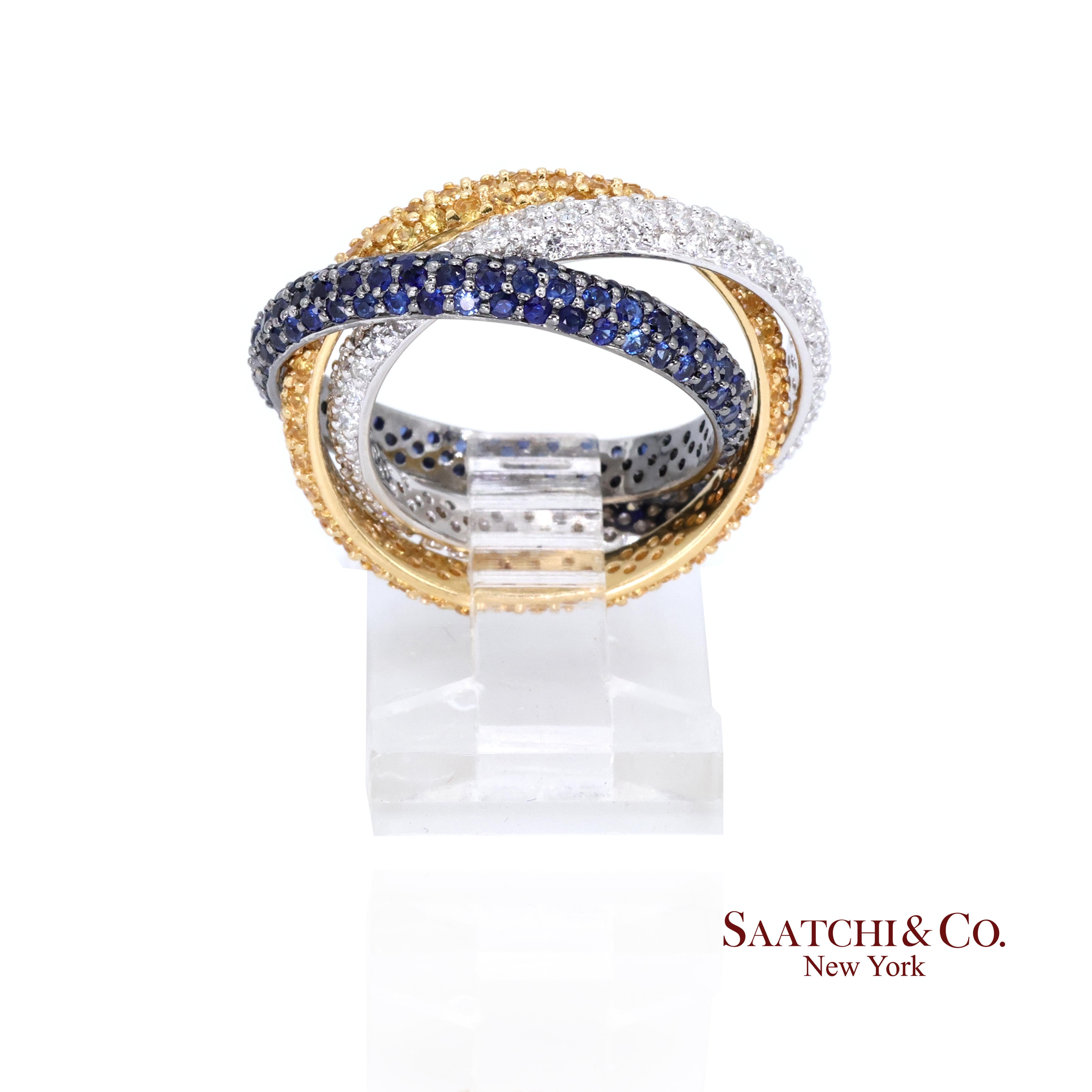 Anillo de oro de 18k 750 con diamante natural tricolor y zafiro Corte redondo en venta