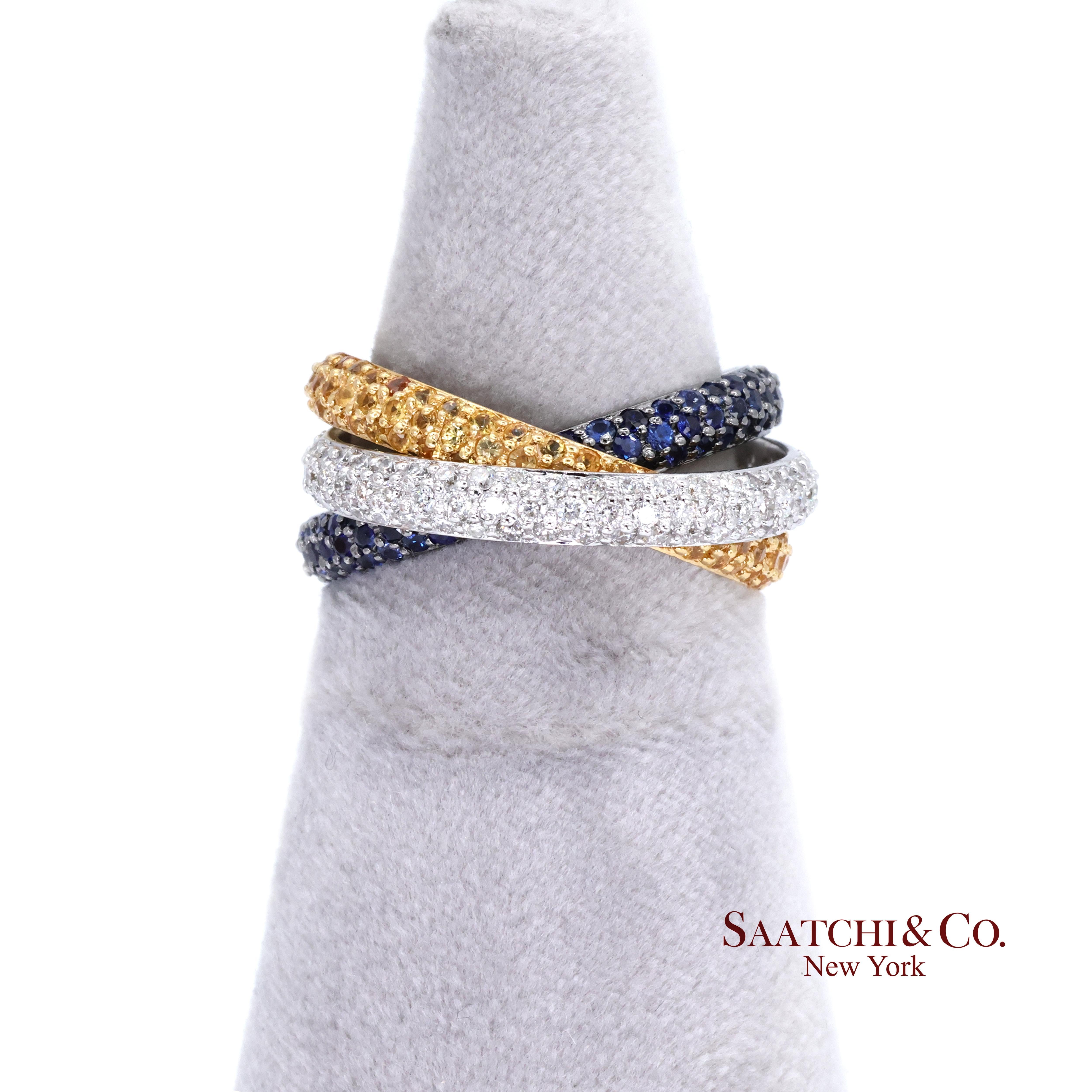 Anillo de oro de 18k 750 con diamante natural tricolor y zafiro en Excelente estado para la venta en New York, NY