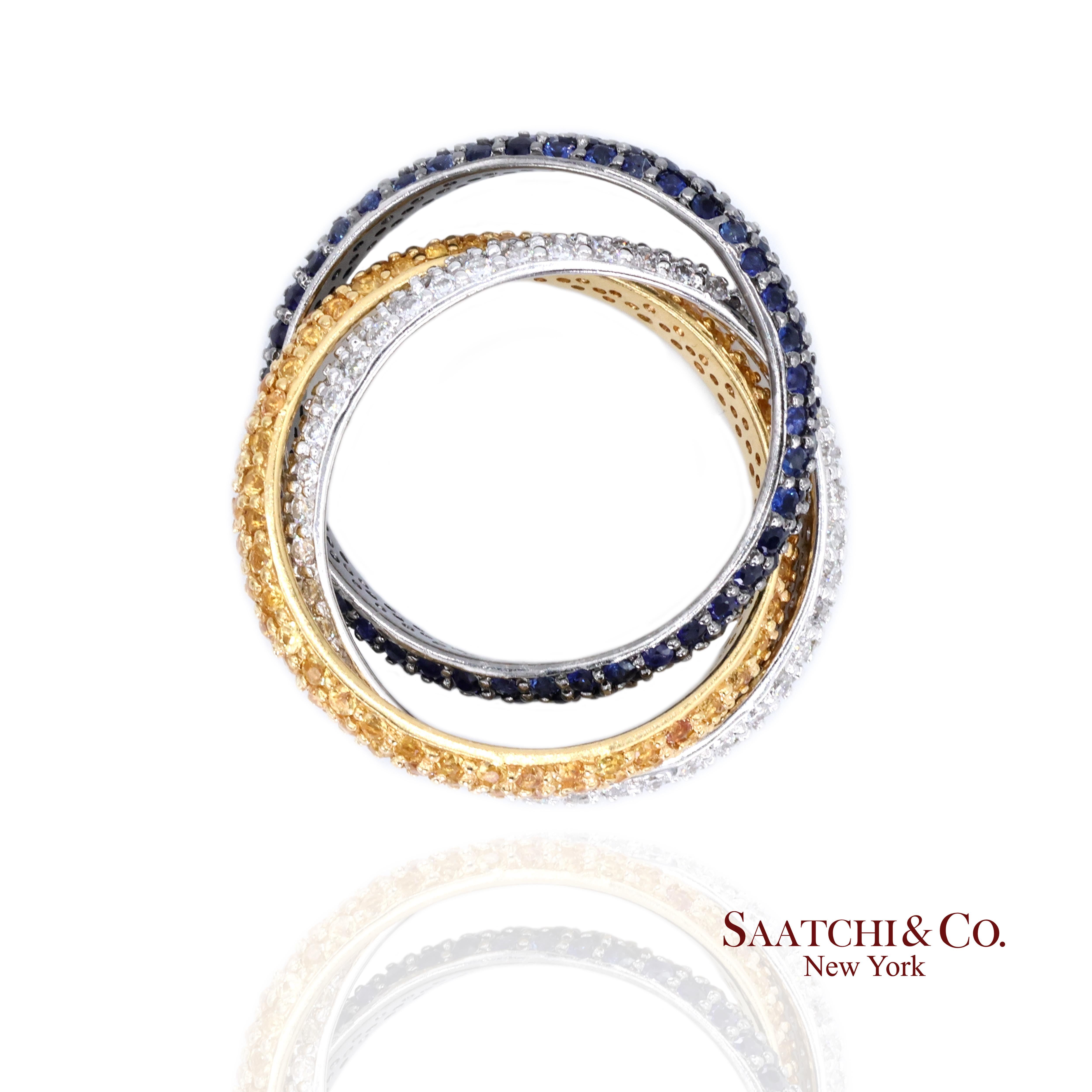 Femenino o masculino Anillo de oro de 18k 750 con diamante natural tricolor y zafiro en venta