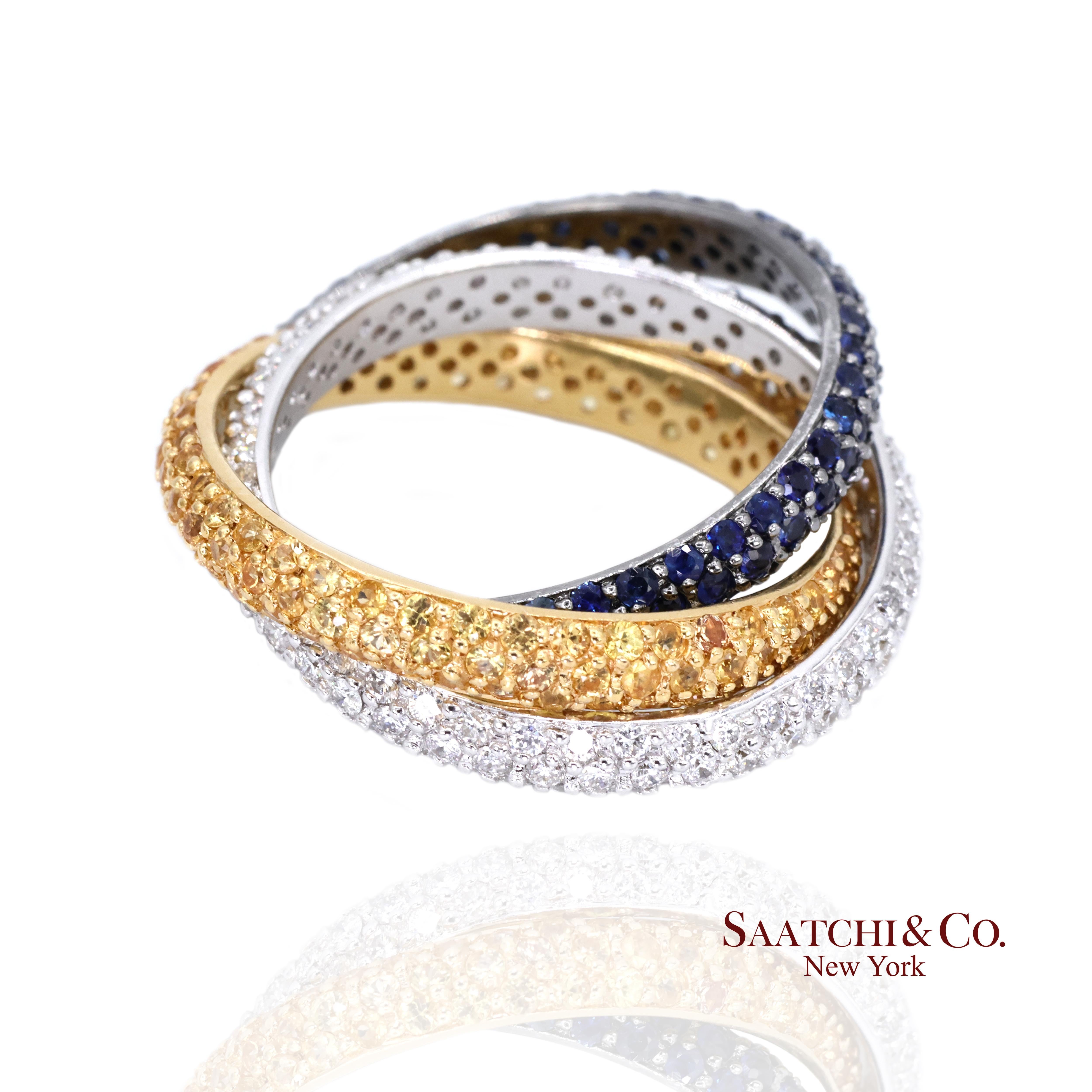 Anillo de oro de 18k 750 con diamante natural tricolor y zafiro en venta 1