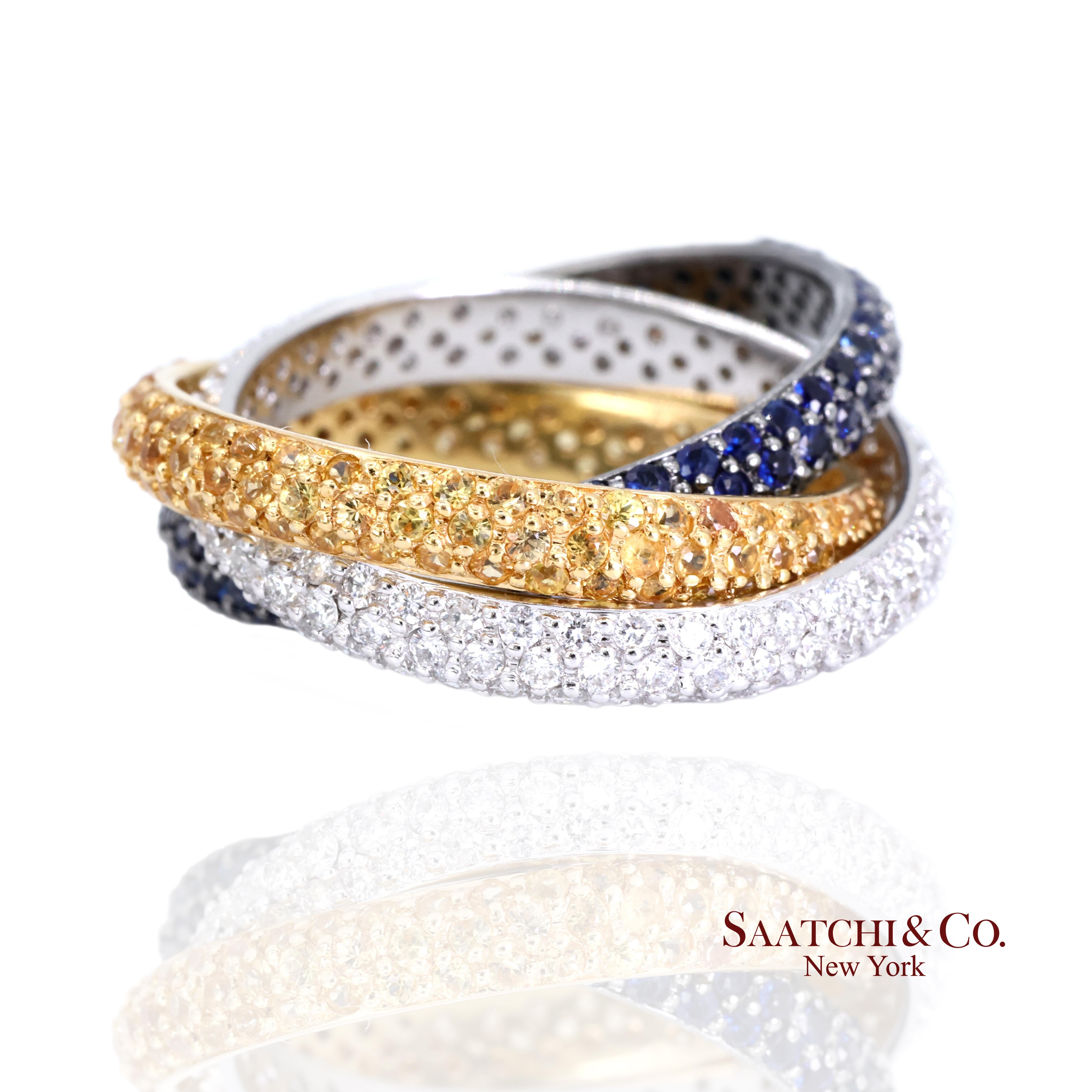 Anillo de oro de 18k 750 con diamante natural tricolor y zafiro en venta 2