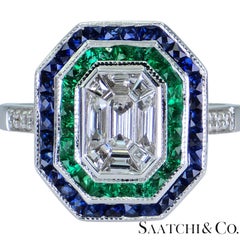 18K 750 Illusion Emerald Shape Natural Round VVS Diamond Sapphire Emerald Ring