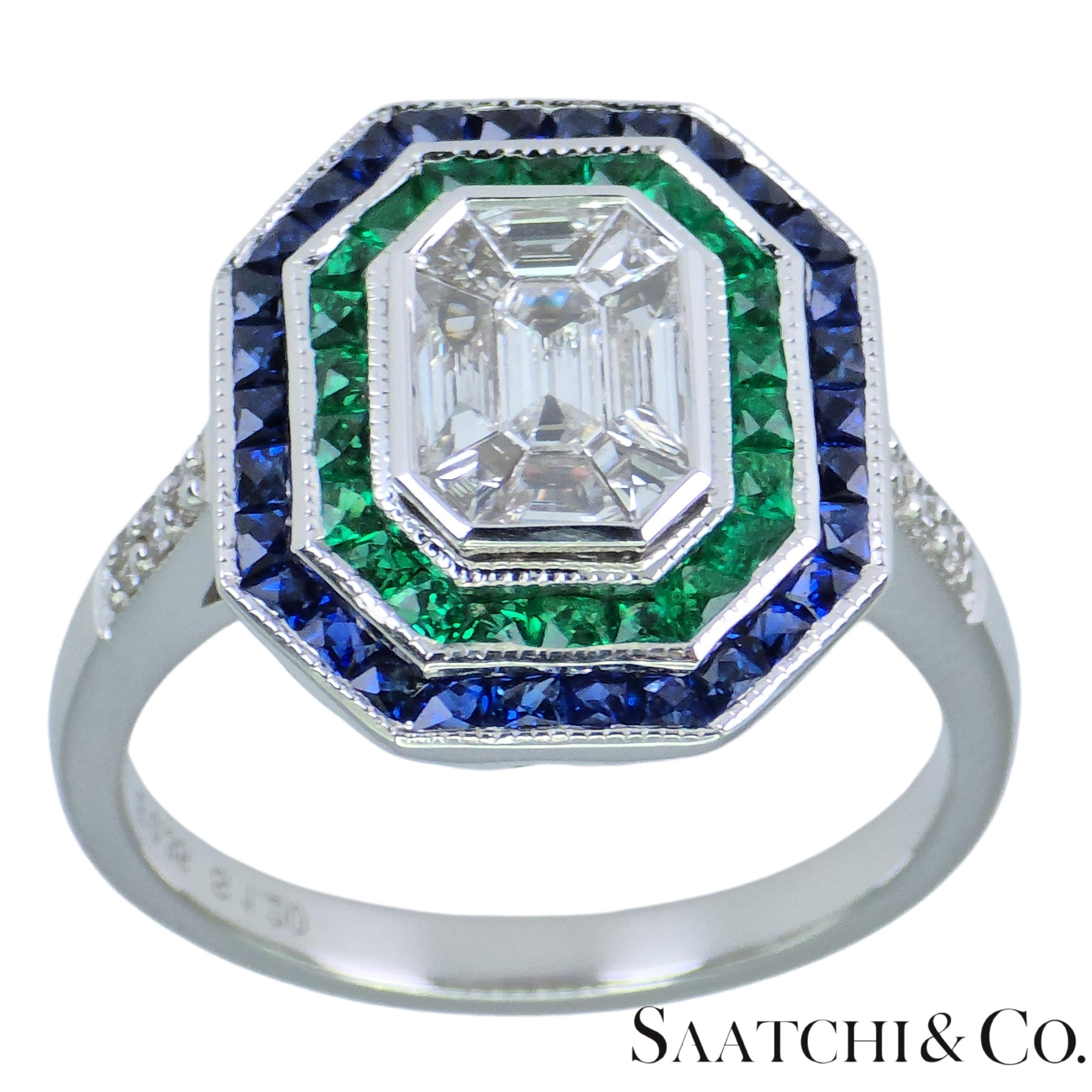 Donna Anello 18K 750 Illusione a forma di smeraldo Nature Round VVS Diamond Sapphire Emerald Ring in vendita