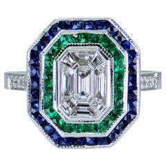 Anello 18K 750 Illusione a forma di smeraldo Nature Round VVS Diamond Sapphire Emerald Ring