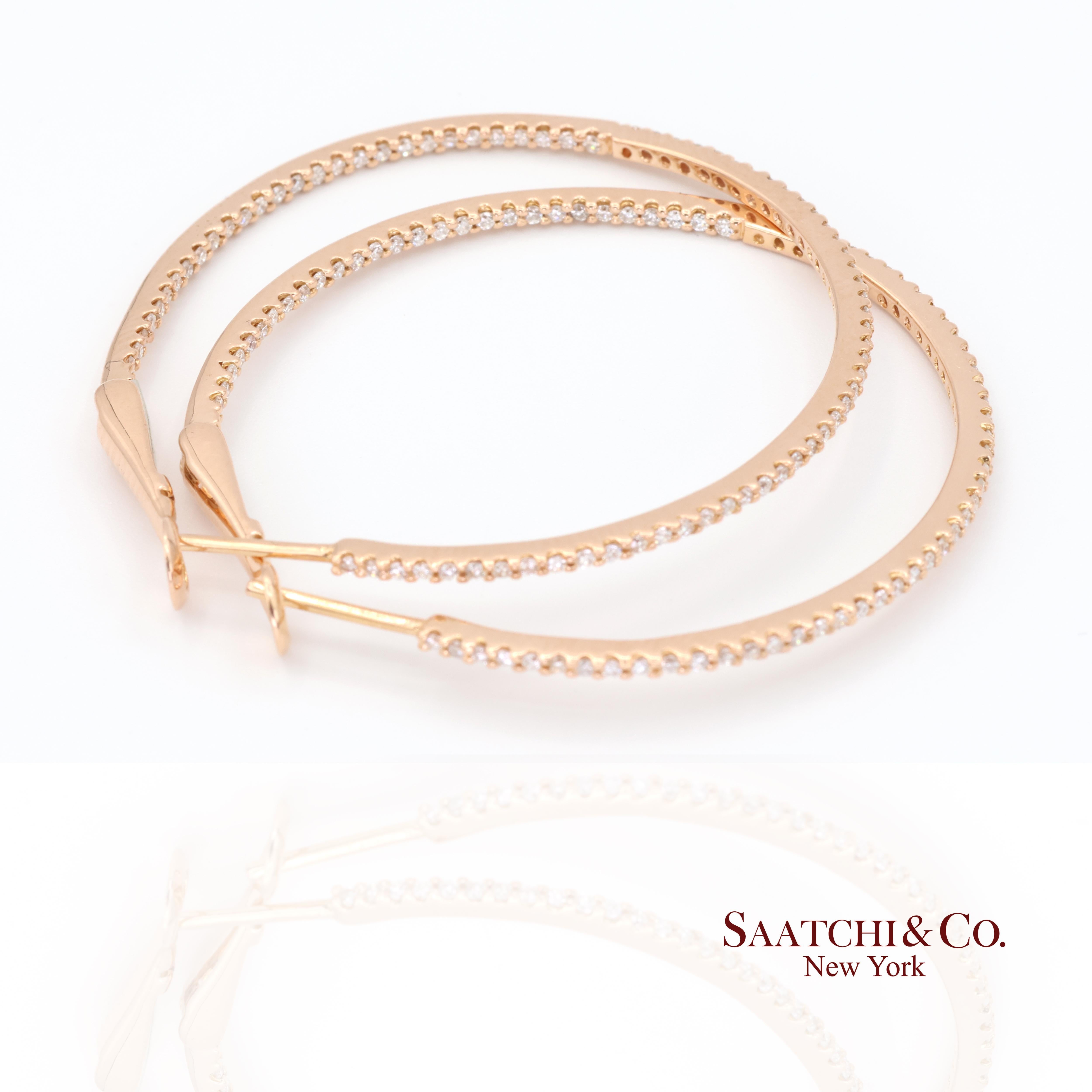 Round Cut 18k 750 Rose Gold Natural Diamond Hoop Earrings For Sale