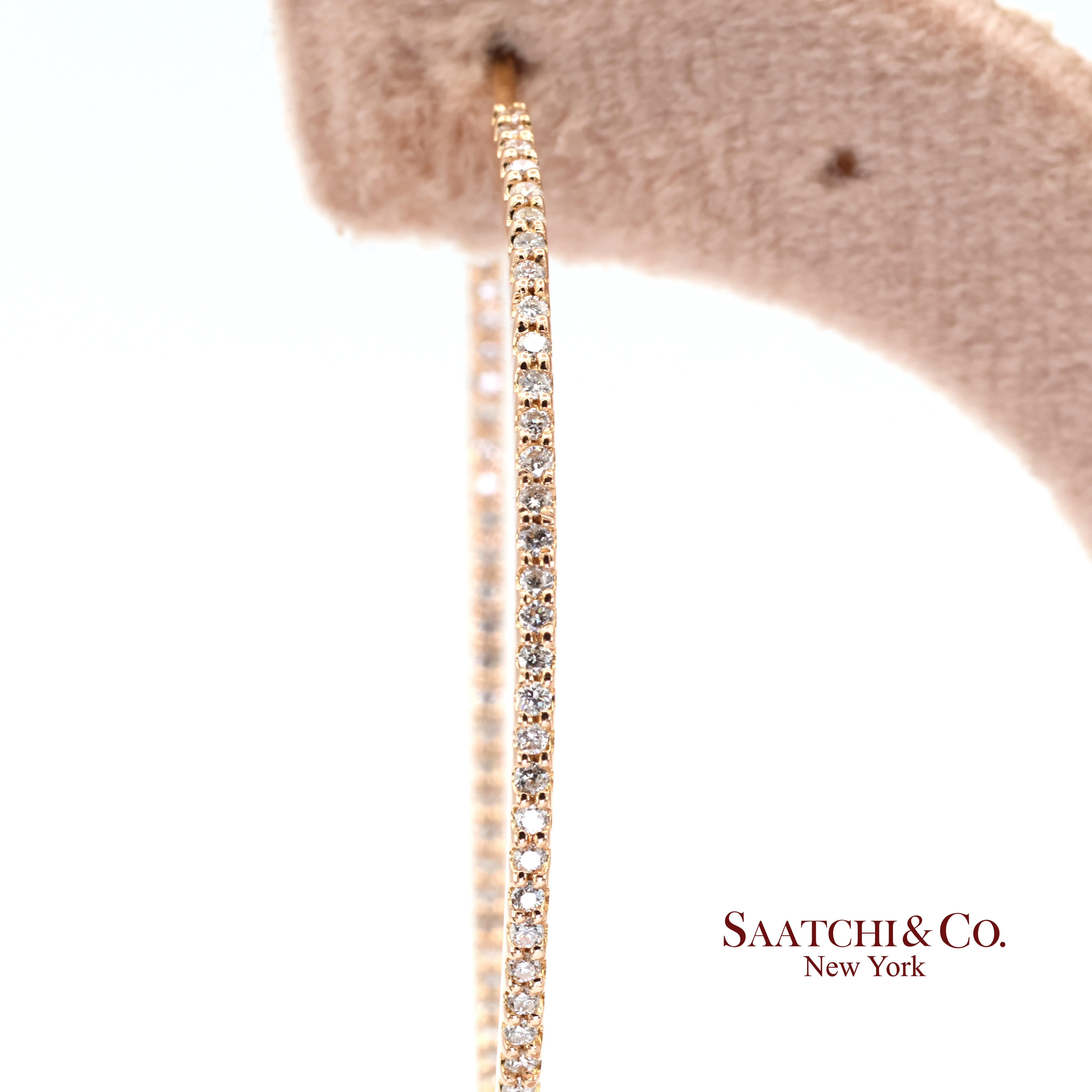 18k 750 Rose Gold Natural Diamond Hoop Earrings In New Condition For Sale In New York, NY