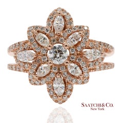 18K 750 Solid Rose Gold Floral Natural Diamond Ring