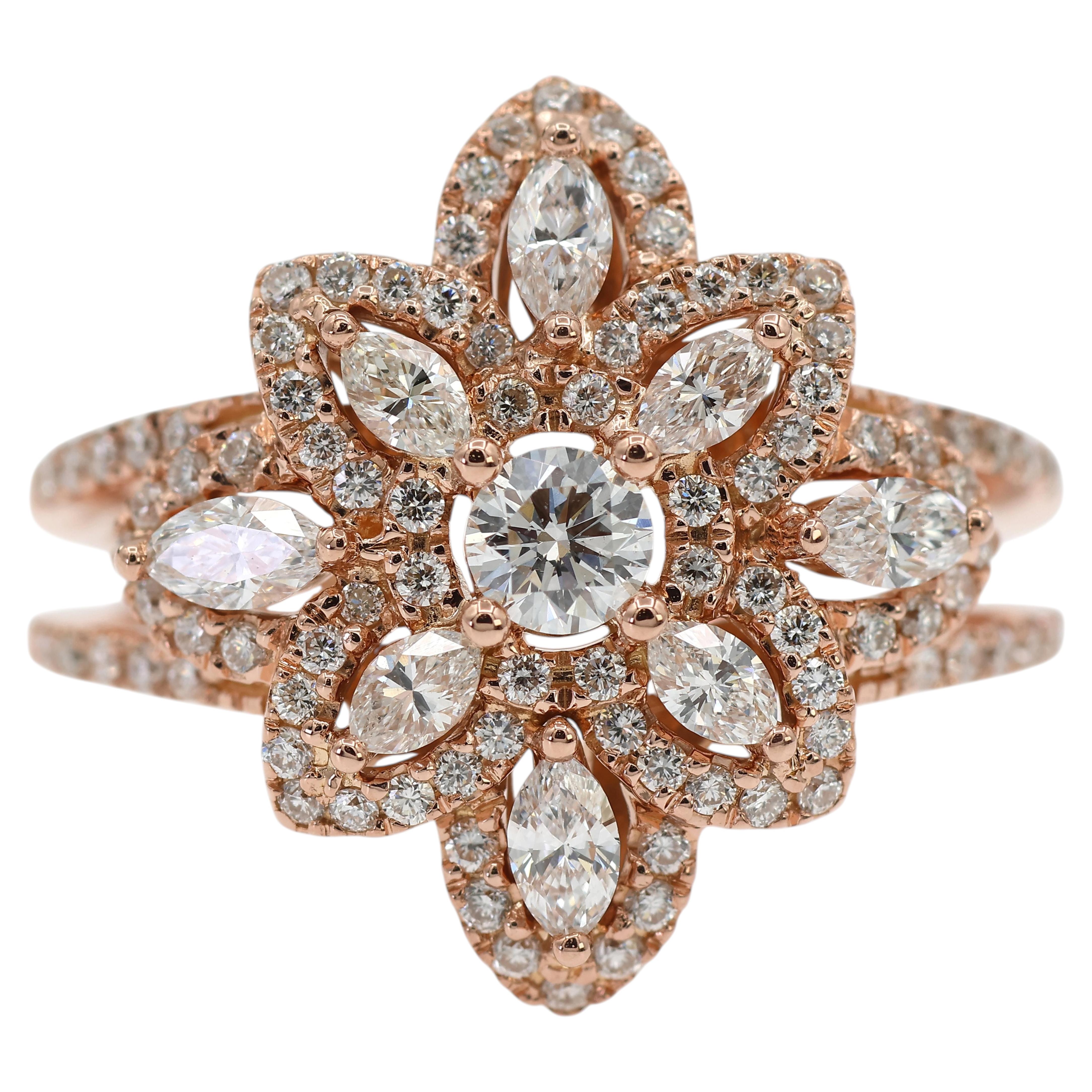 18K 750 Solid Rose Gold Floral Natural Diamond Ring