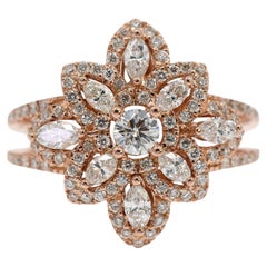 18K 750 Solid Rose Gold Floral Natural Diamond Ring