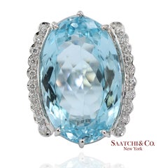 18K 750 Solid Vintage White Gold Natural Diamond and Blue Topaz Ring
