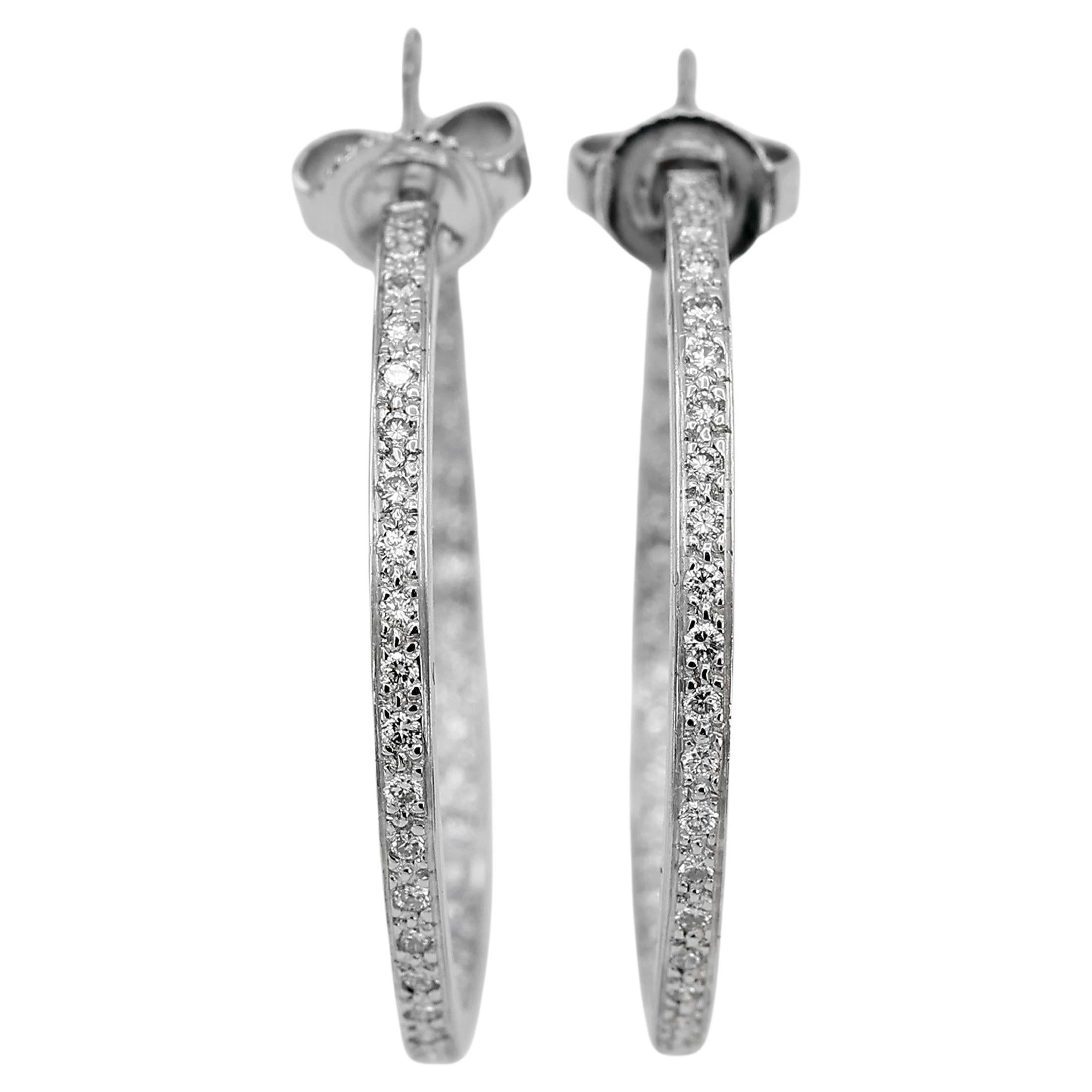 18K 750 Solid White Gold In and Out Natural Diamond Hoop Earrings