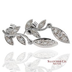 18K 750 Solid White Gold Marquise Shape Natural Diamond Leaf Drop Earrings