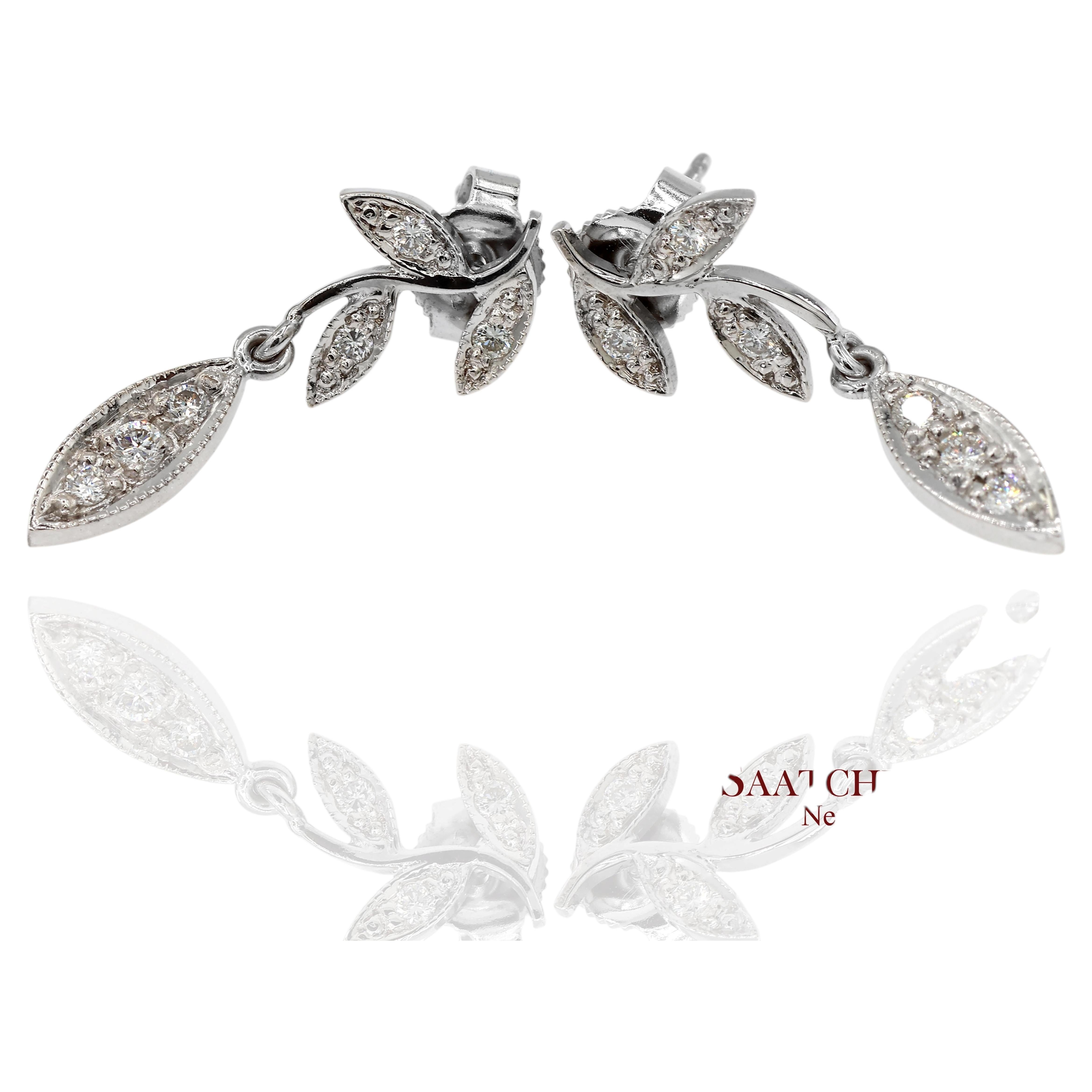 18K 750 Solid White Gold Marquise Shape Natural Diamond Leaf Drop Earrings For Sale