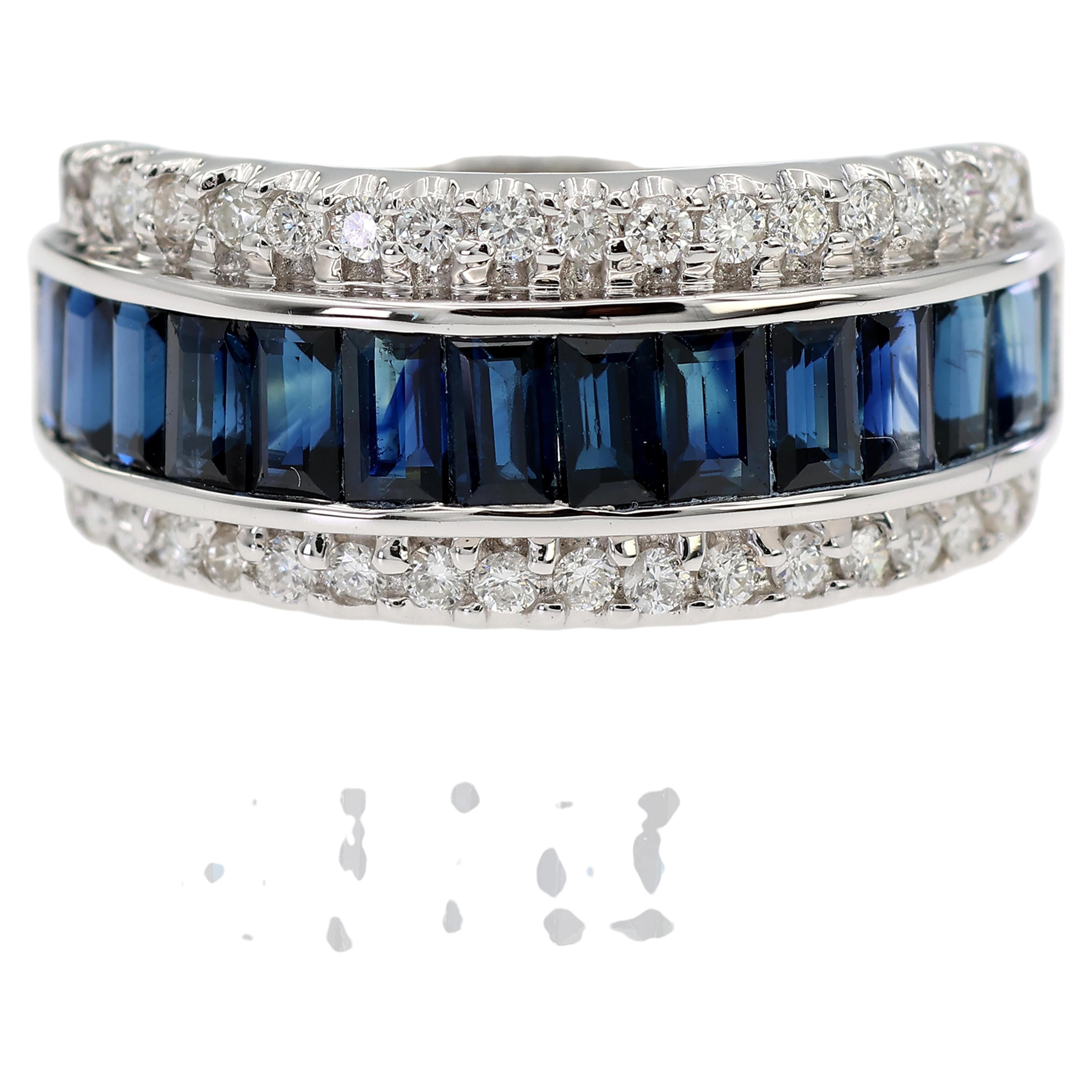 18K 750 Solid White Gold Natural Diamond and Natural Sapphire Band Ring For Sale