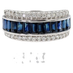 18K 750 Solid White Gold Natural Diamond and Natural Sapphire Band Ring