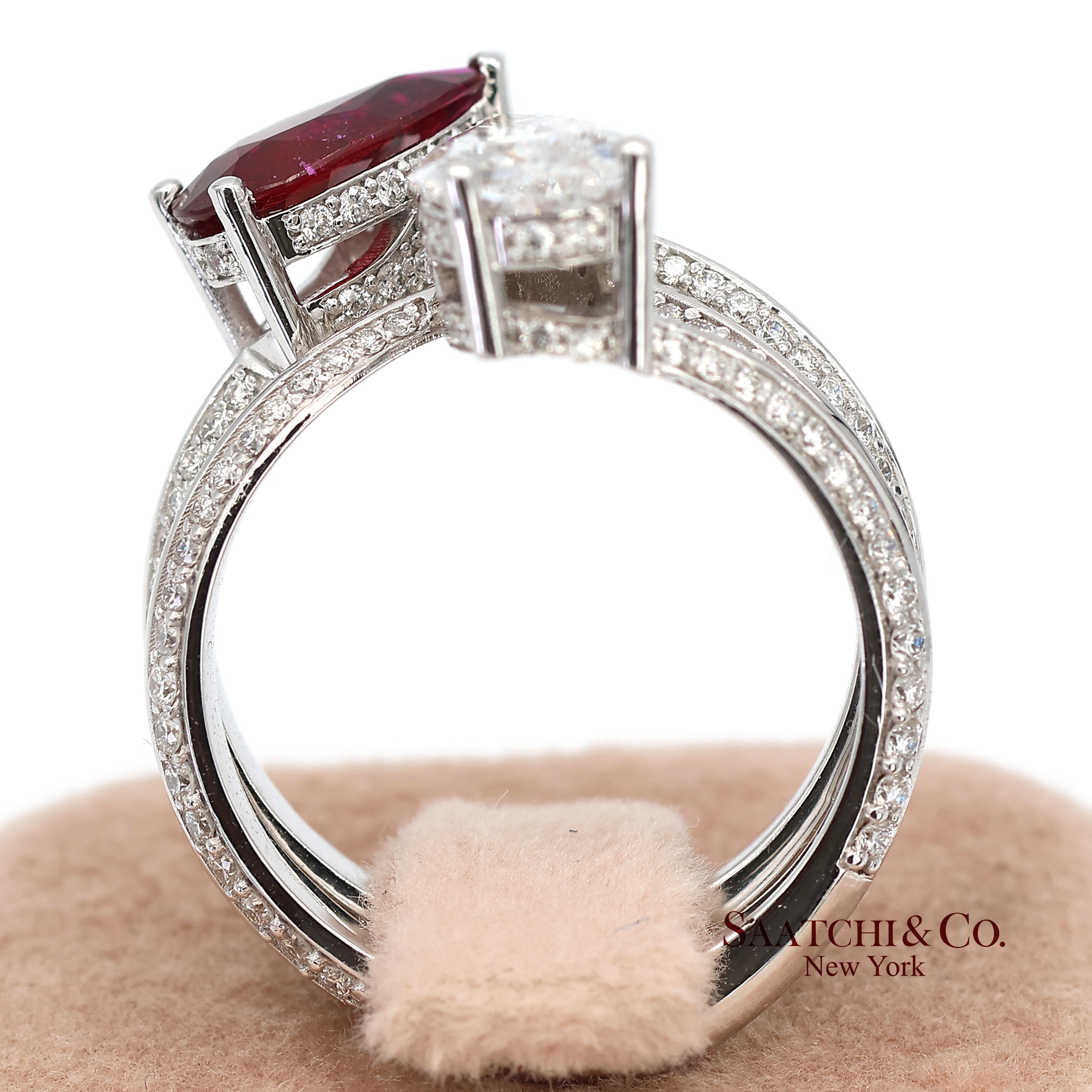 Bague Toi et Moi en or blanc massif 18K 750 diamants naturels et rubis en vente 4