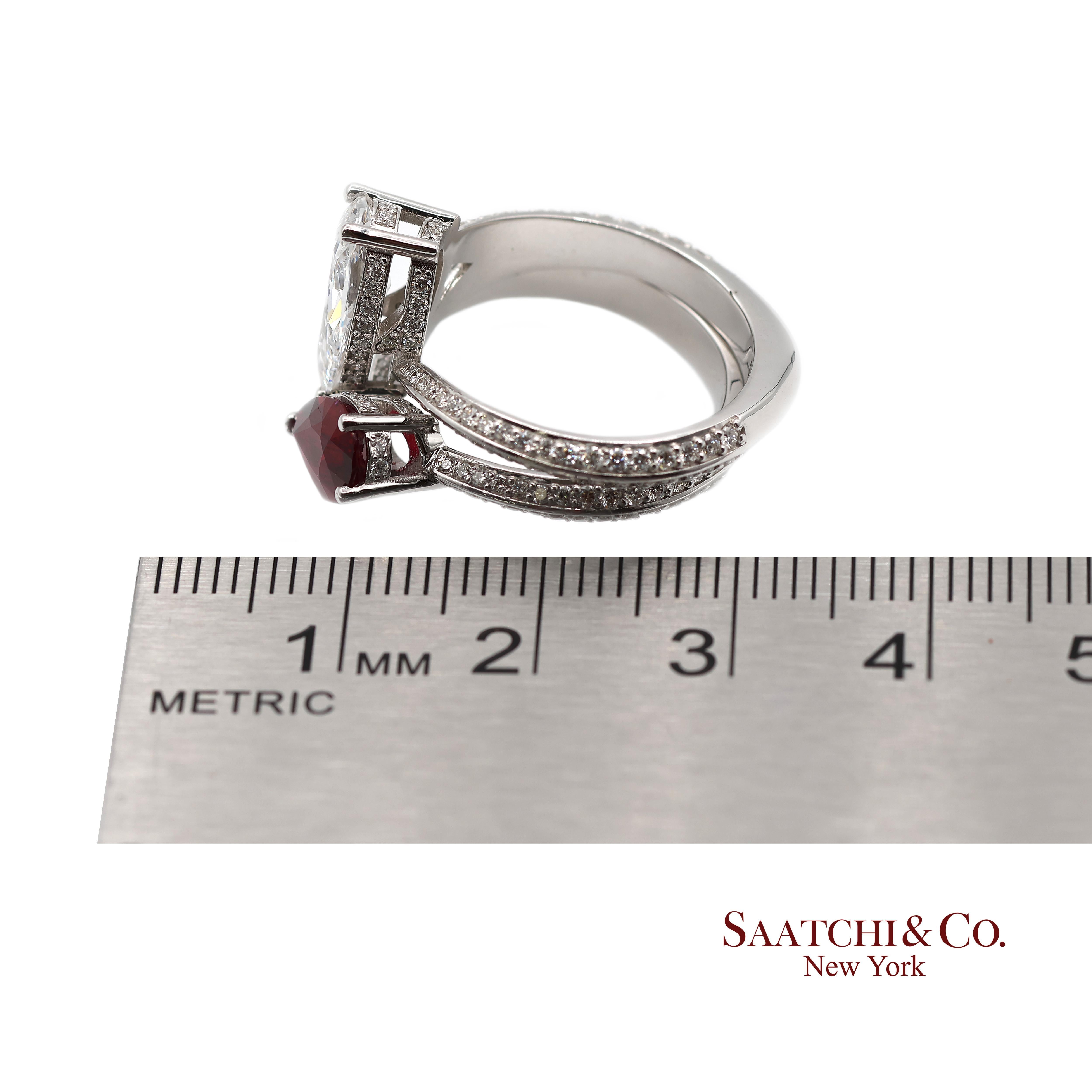 Bague Toi et Moi en or blanc massif 18K 750 diamants naturels et rubis en vente 6