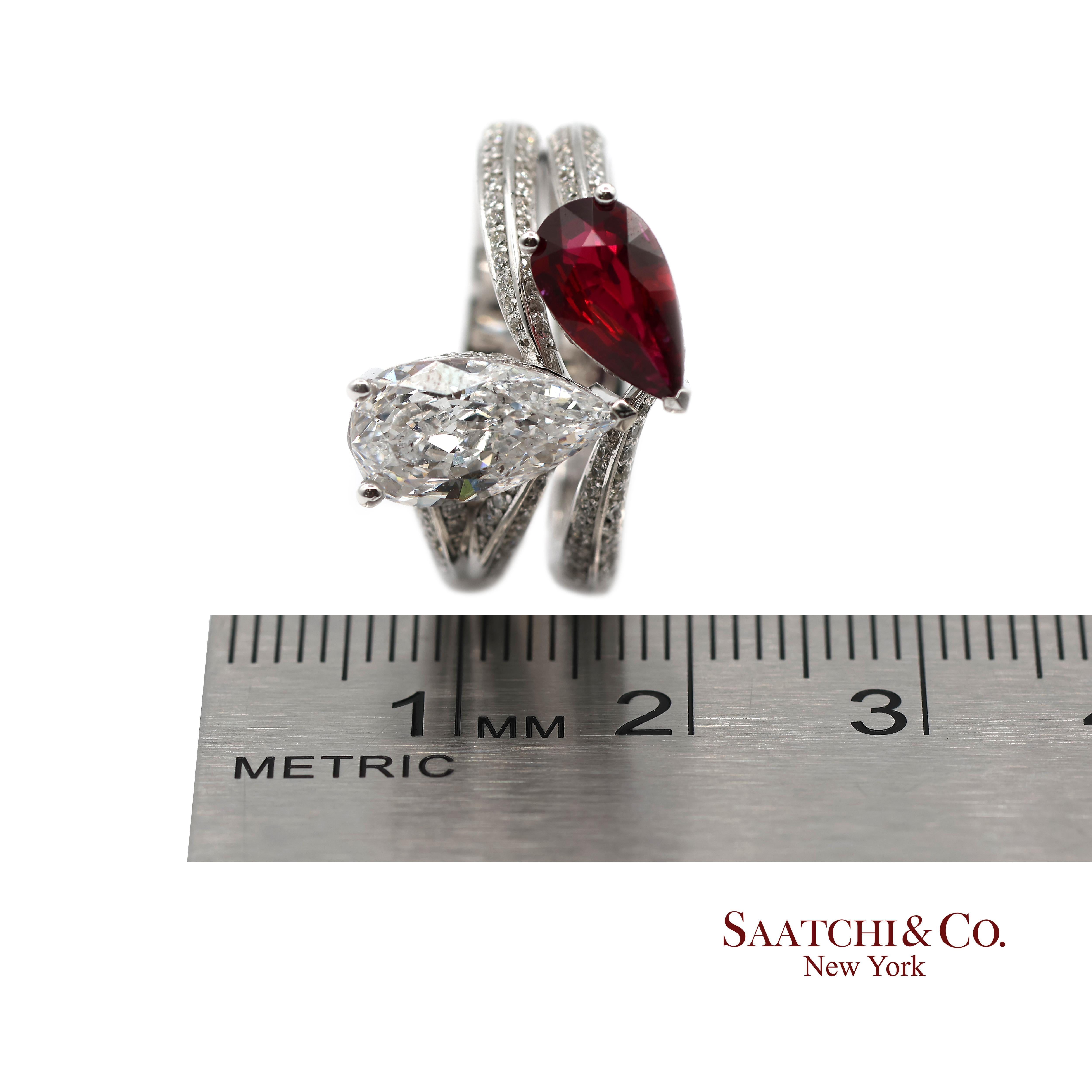 Bague Toi et Moi en or blanc massif 18K 750 diamants naturels et rubis en vente 7