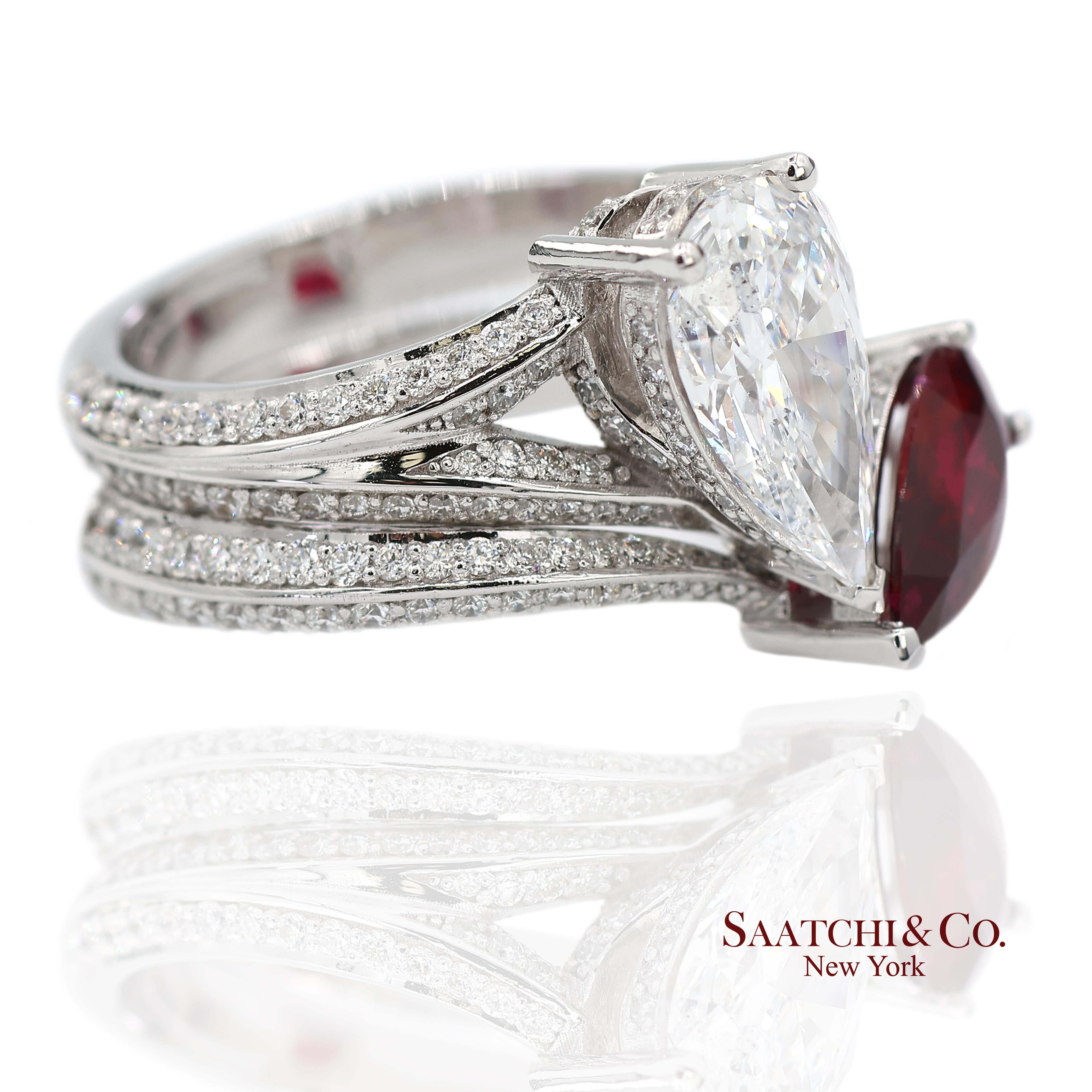 Contemporain Bague Toi et Moi en or blanc massif 18K 750 diamants naturels et rubis en vente