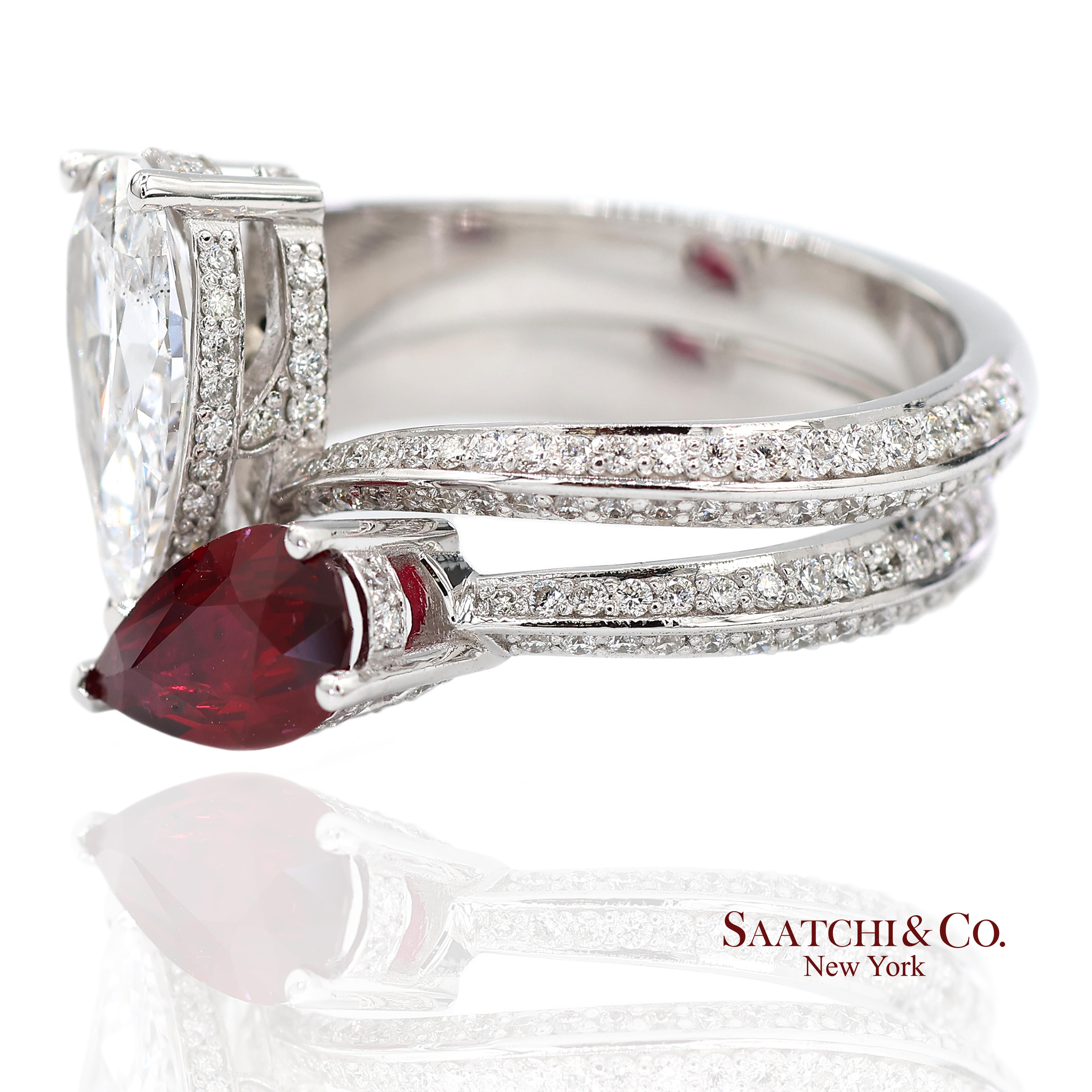 Taille brillant Bague Toi et Moi en or blanc massif 18K 750 diamants naturels et rubis en vente