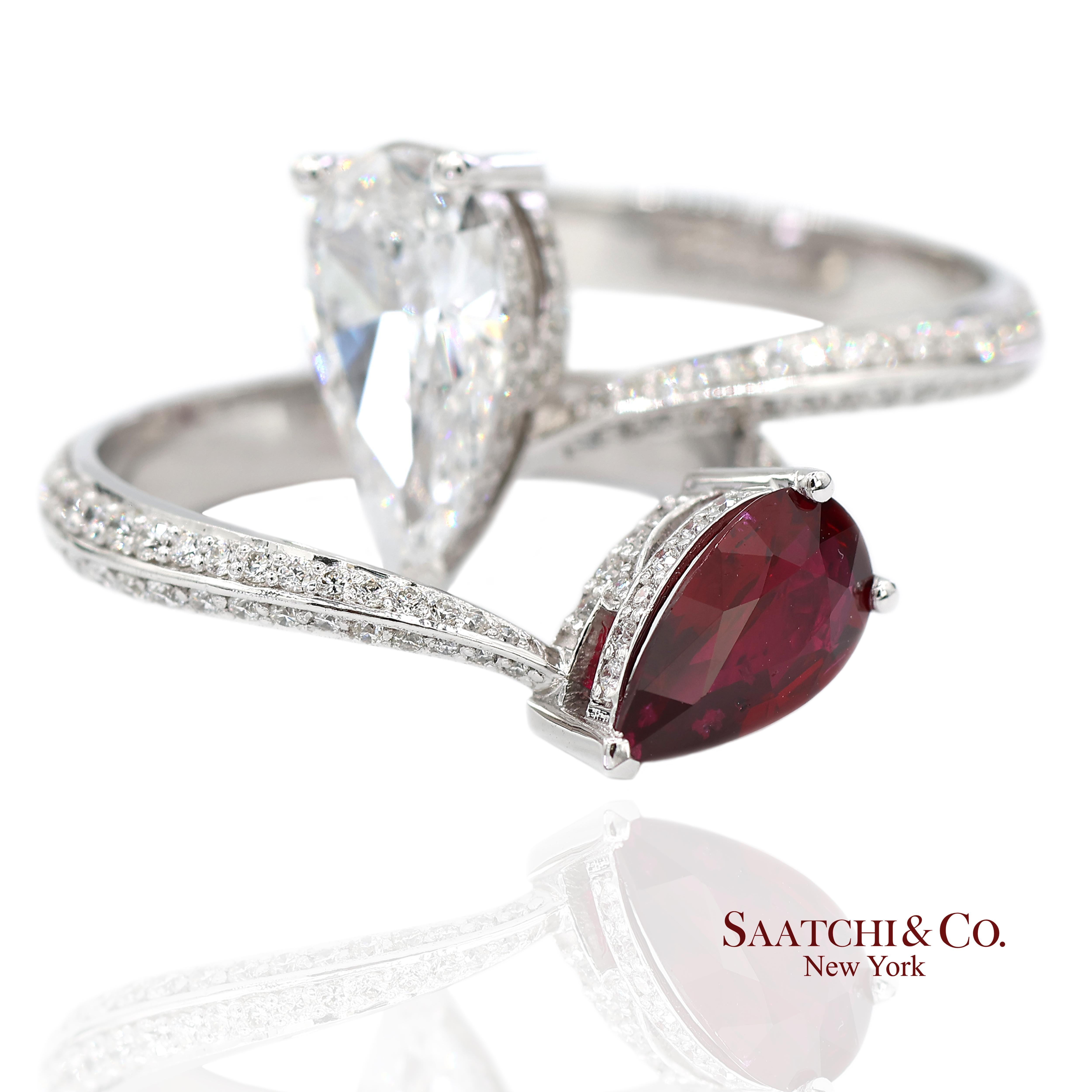 Bague Toi et Moi en or blanc massif 18K 750 diamants naturels et rubis Neuf - En vente à New York, NY